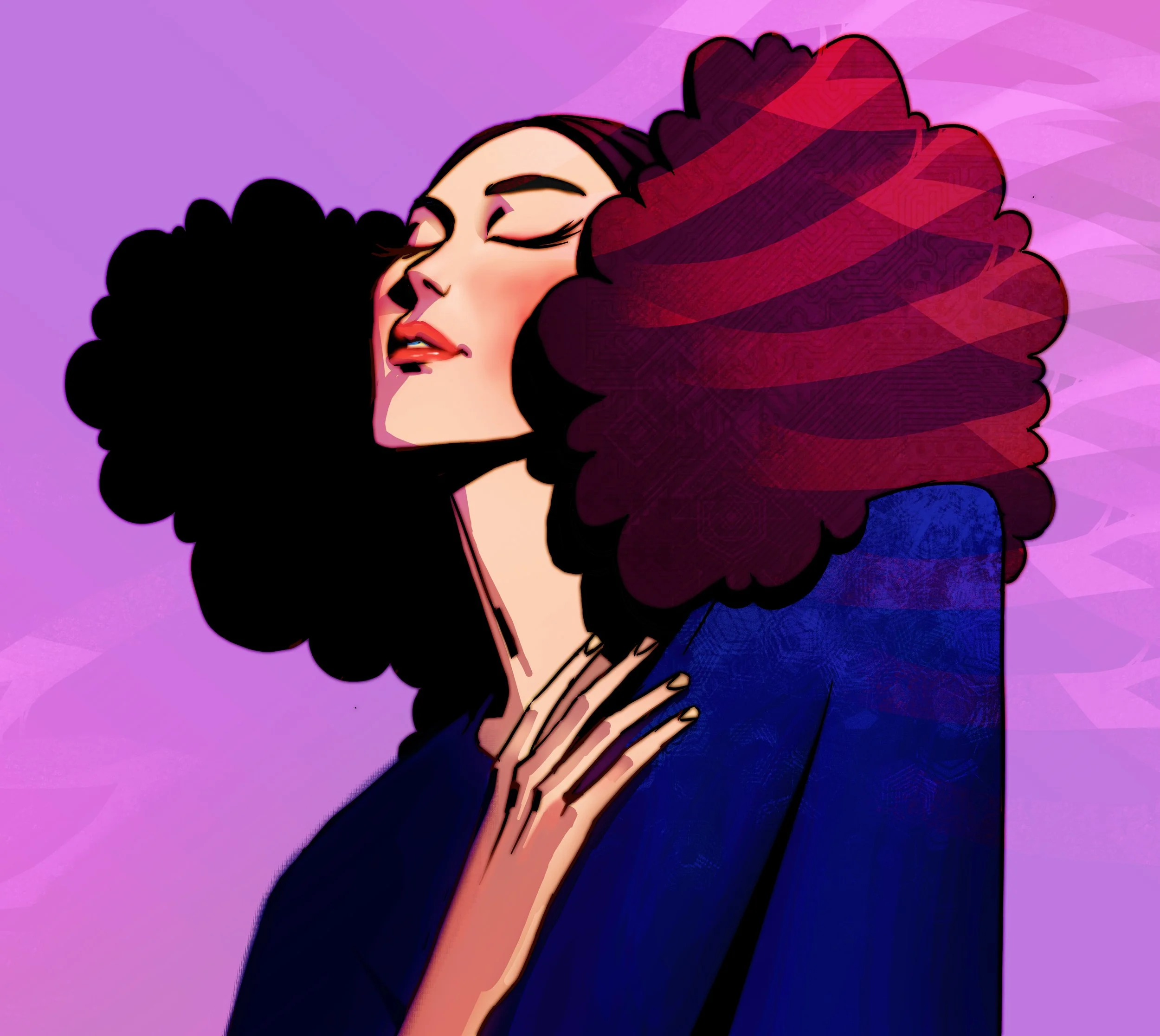 An artistic digital illustration of a woman with closed eyes, red lipstick, and voluminous curly hair, holding a strand of her hair against a purple and pink geometric background.