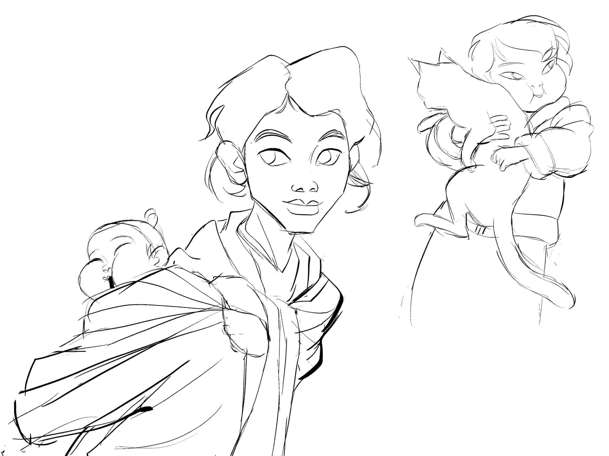 Line drawing of a boy with short hair and a confident expression, wearing a jacket, holding an animal with large ears, and another child in the background.