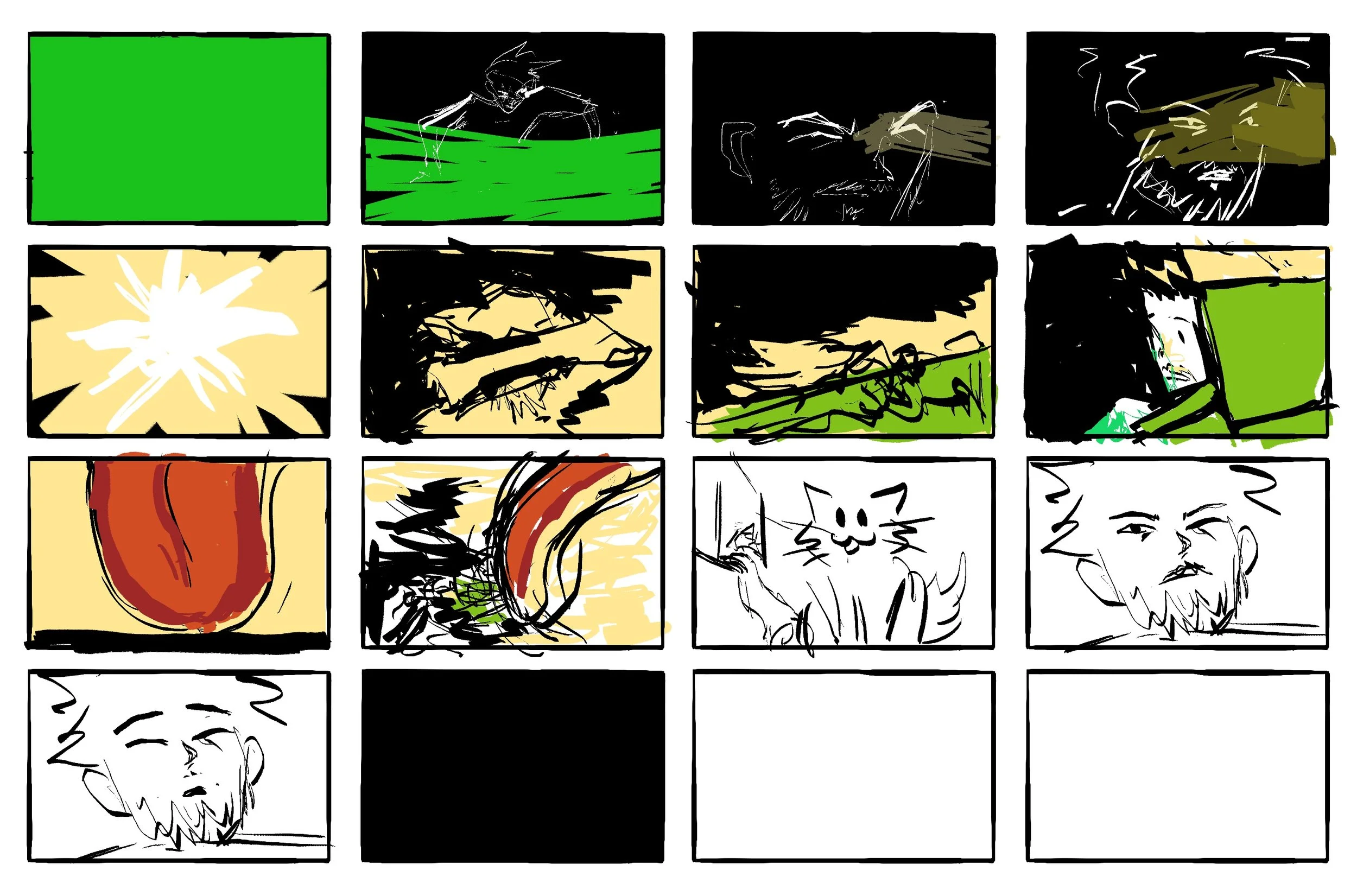 A comic strip with twelve panels arranged in three rows of four. The panels depict a story involving a character with a beard and another individual, with elements of action, surprise, and dialogue. The style is sketchy with minimal color accents, mainly black, white, green, yellow, and red.