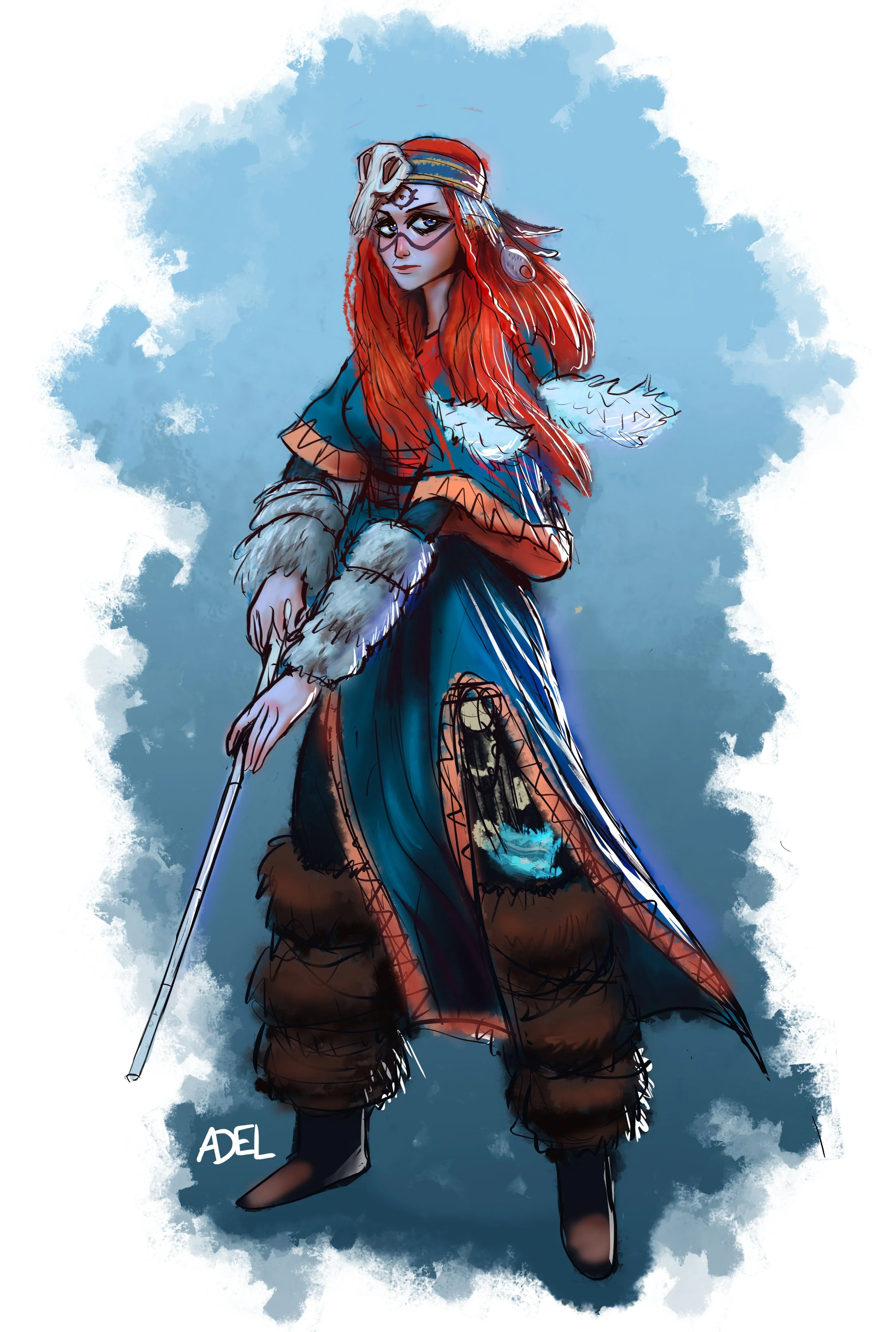A fantasy-themed female warrior with long red hair, wearing a skull headdress, glasses, and a blue fur-lined coat. She is holding a spear and standing confidently against a blue background, with the artist's signature "ADEL" visible at the bottom.