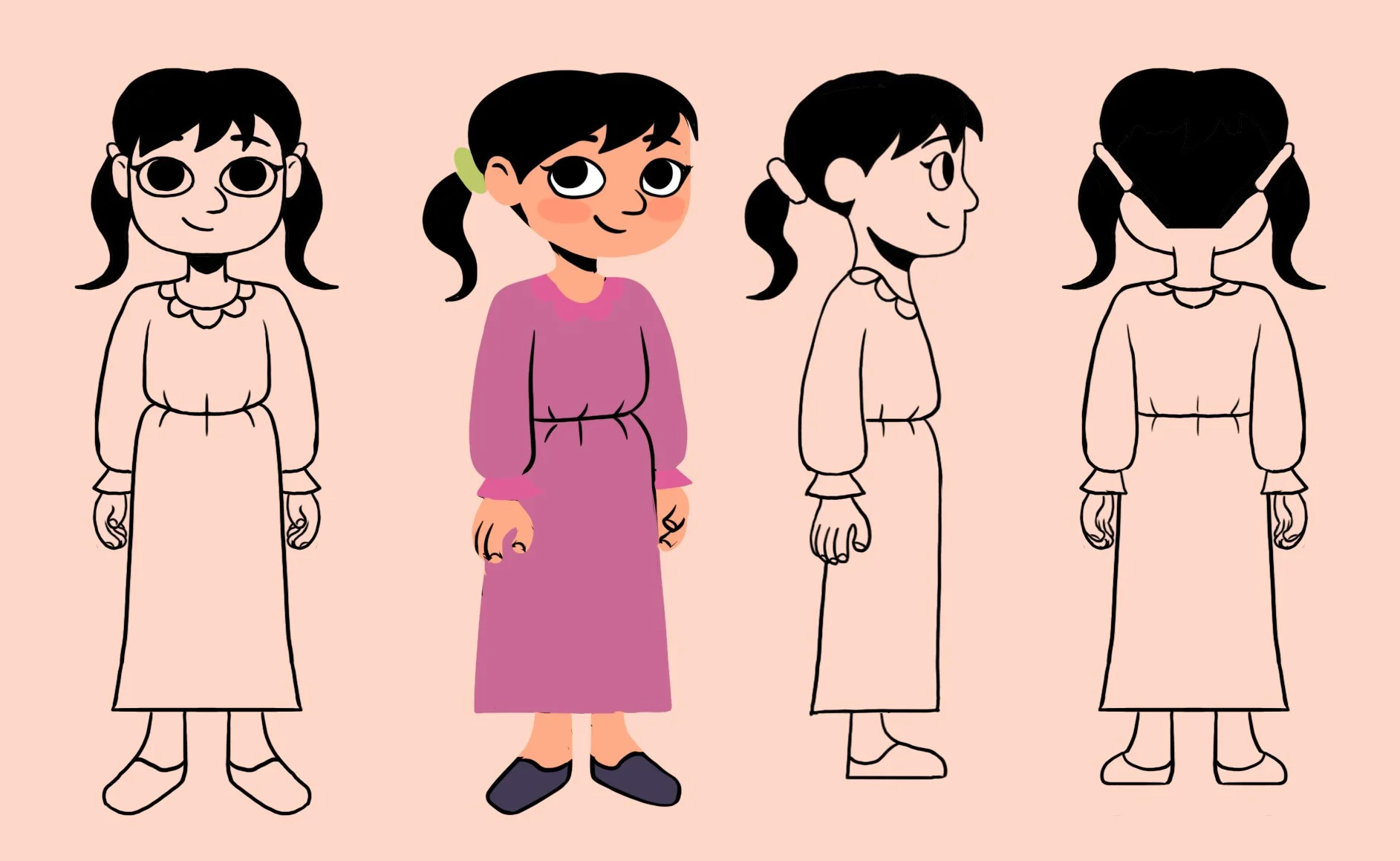 A character design sheet of a girl in a long dress, showing a colored front view, a colored three-quarter view, and black-and-white back and side views. She has black hair and big eyes.