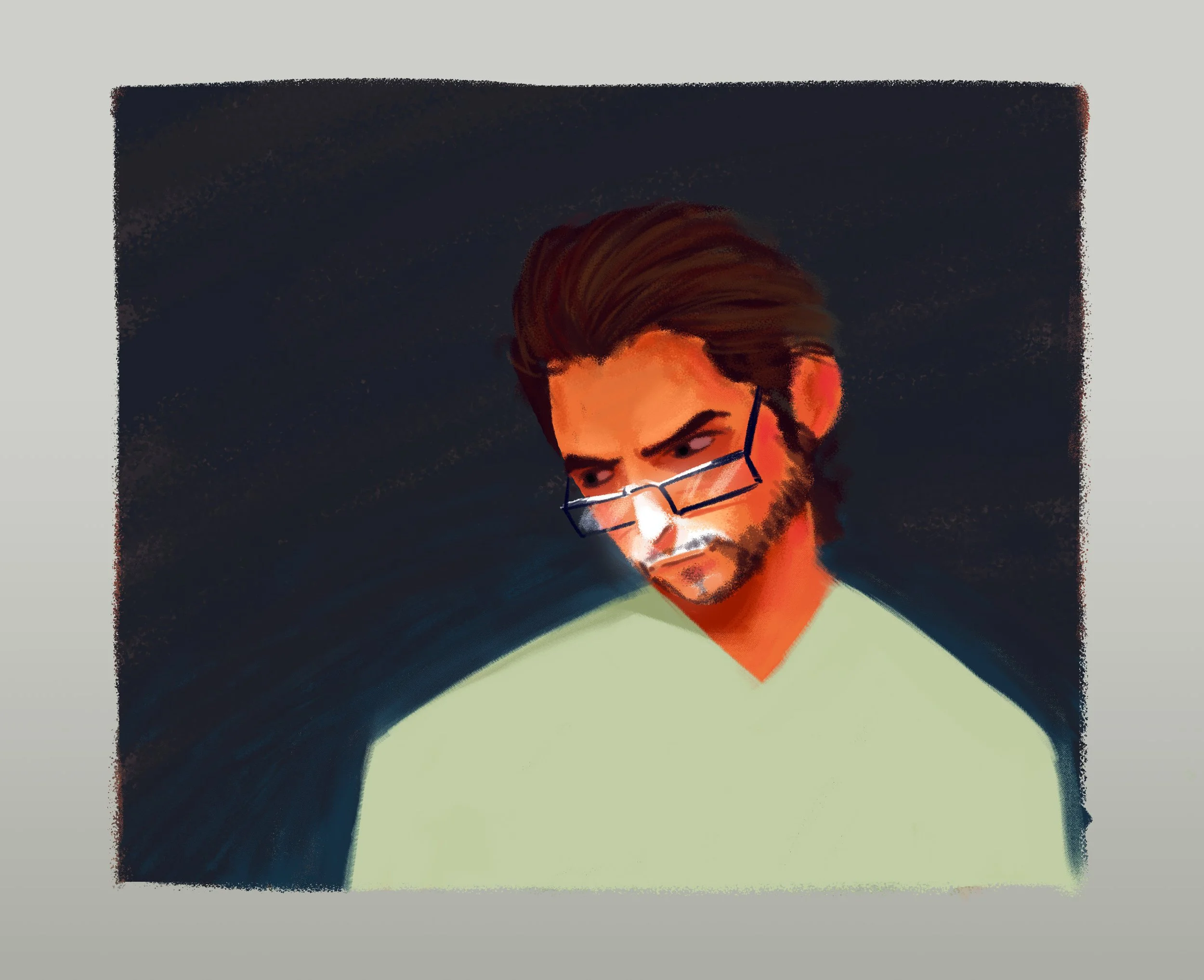 Digital painting of a man with brown hair, glasses, and a beard, looking down, set against a dark background.