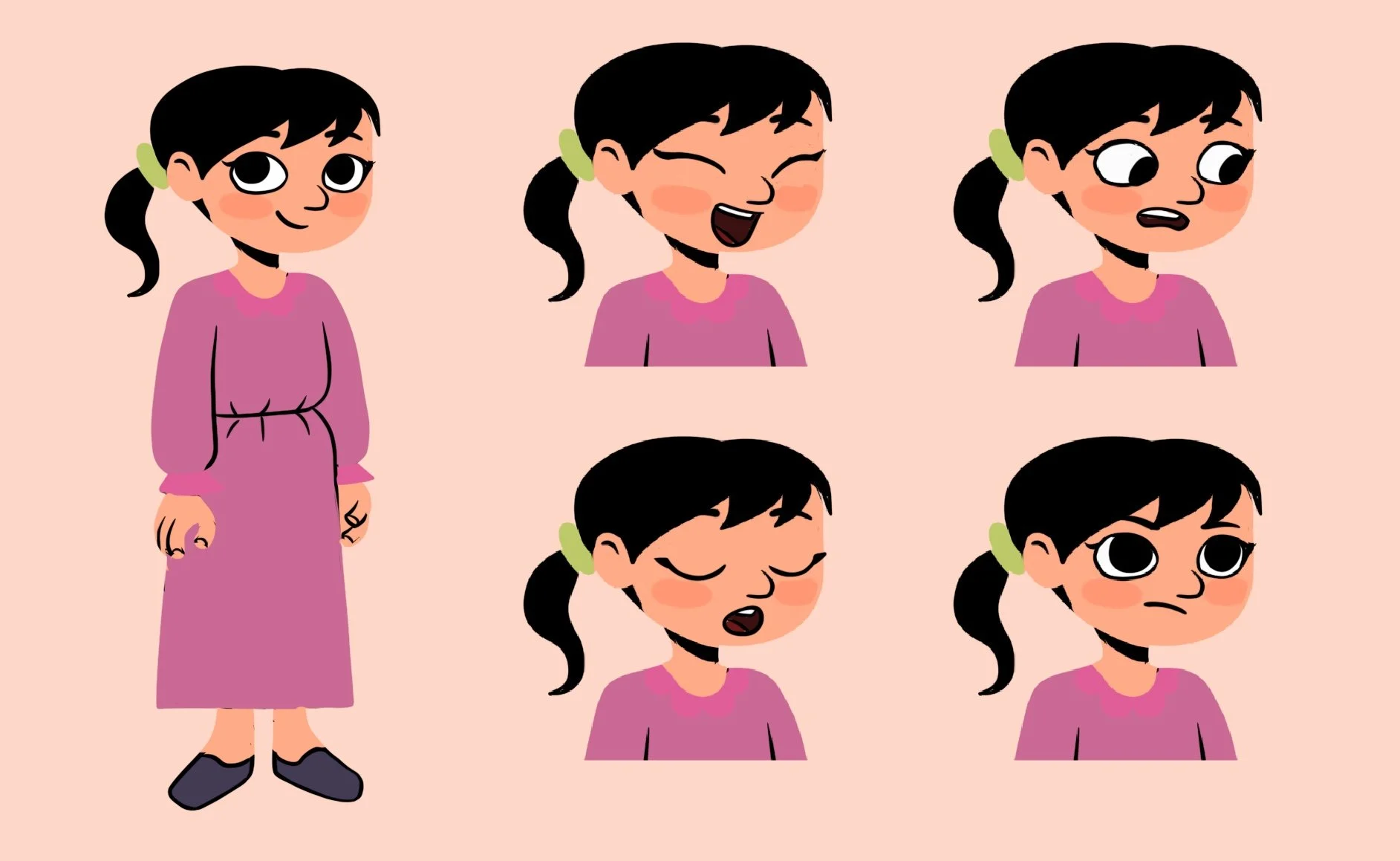 A cartoon girl with black hair in a ponytail wearing a pink dress, showing different facial expressions such as happy, laughing, surprised, sleepy, and sad.