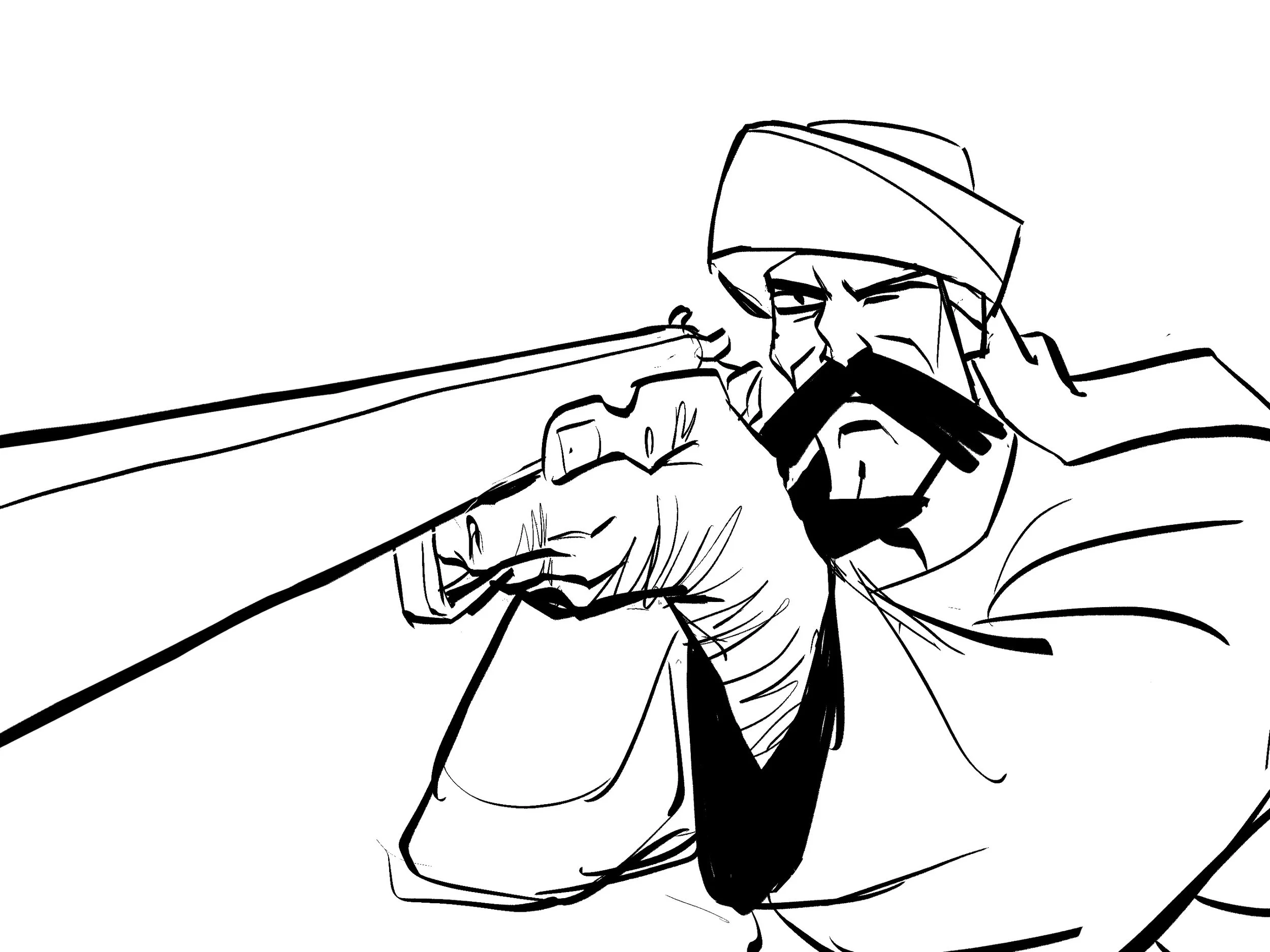 Black and white sketch of a person with a head covering, holding a fork and eating, with a plate of food in front.