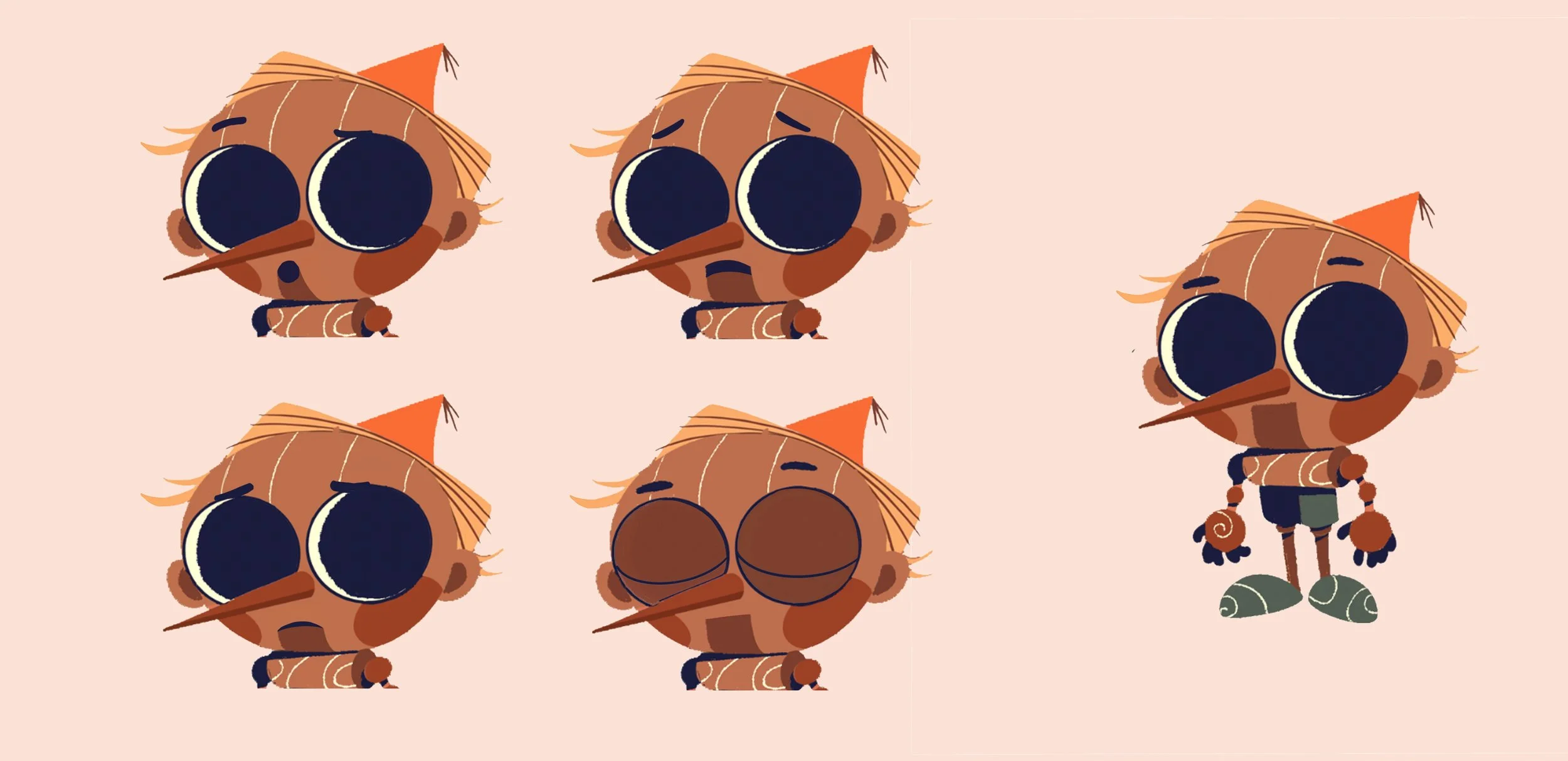 A repeating pattern of cartoon Norwal characters with big black eyes, orange hats, and antennae, with one variation of the character showing its back, and another variation standing on green shoes.