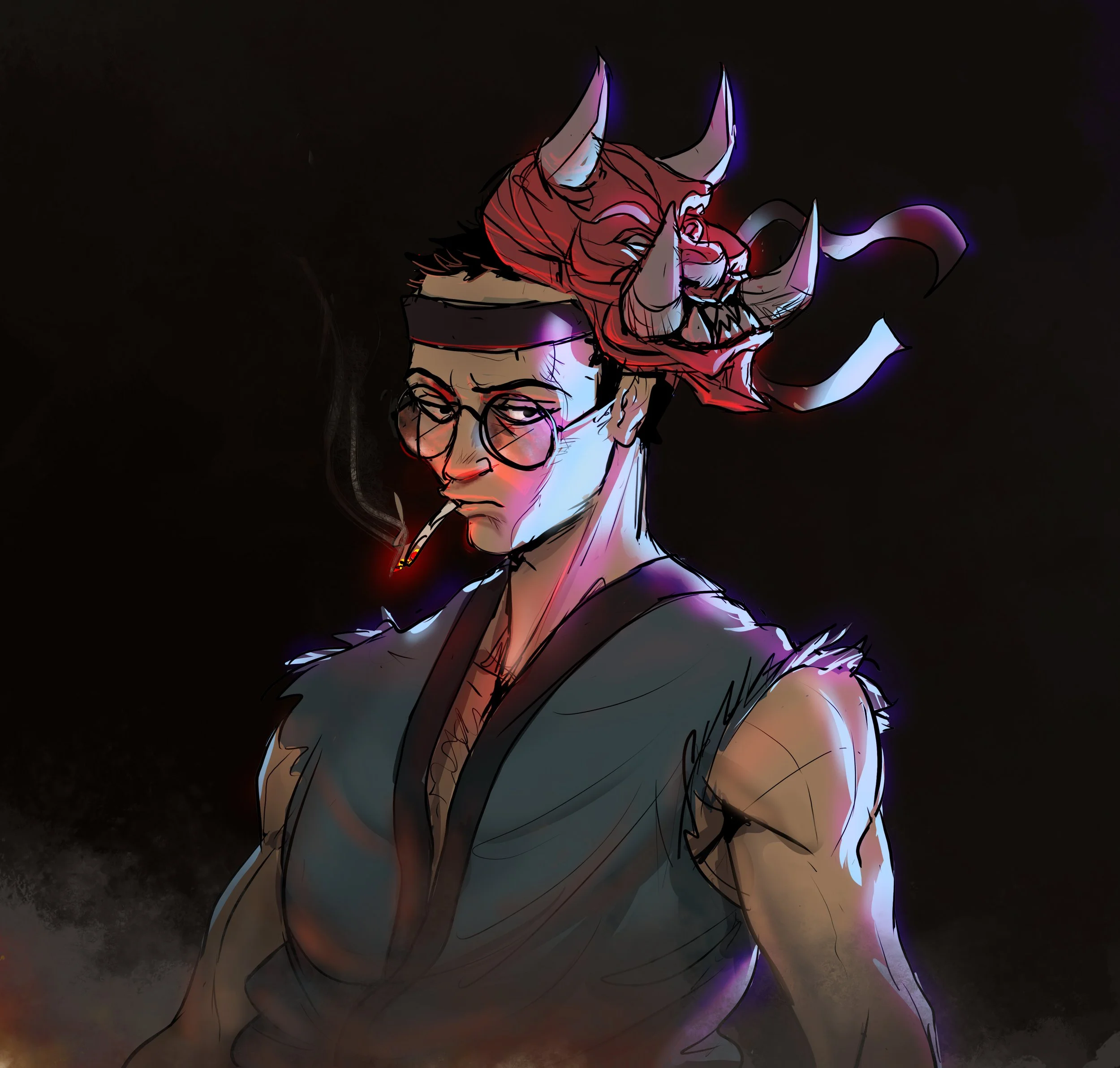 Stylized digital illustration of a human face with horns, glasses, and a cigarette, set against a dark background.