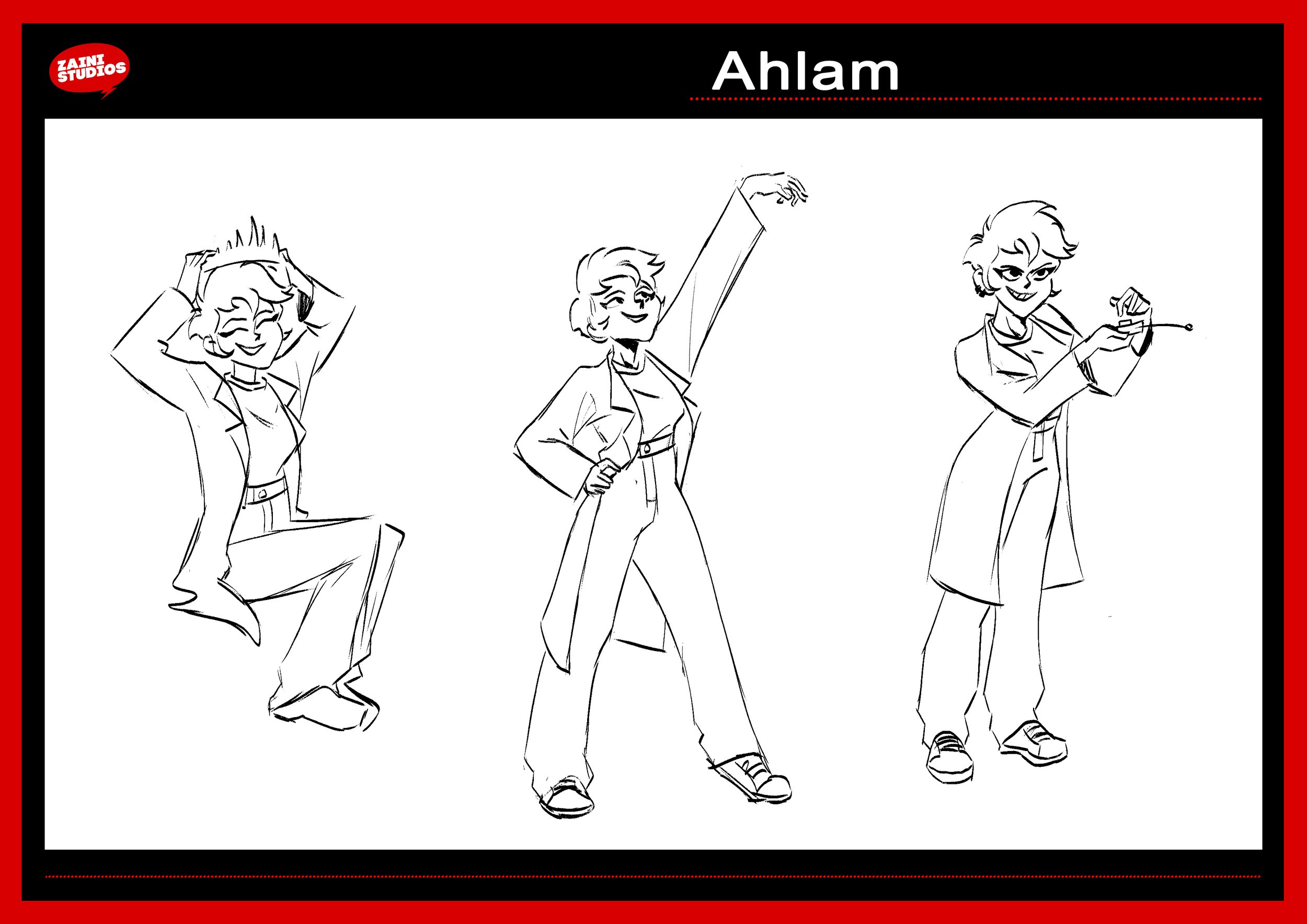 Line drawing of three women in casual clothing, each in a different pose, with the word 'Ahlam' at the top and a red and black border.