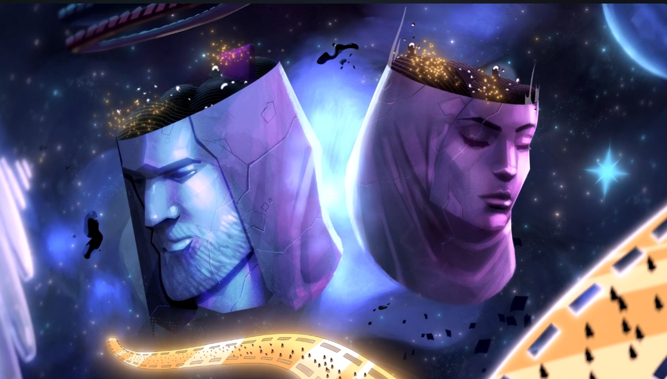 Digital artwork of two large floating heads in space, one male and one female, with cosmic background, planets, stars, and film strips.