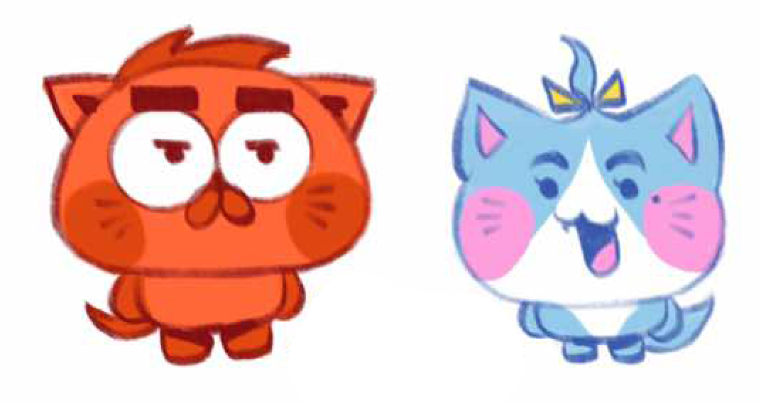 Two cartoon cats, one red with a confused expression, and one blue with pink blush, smiling and winking.