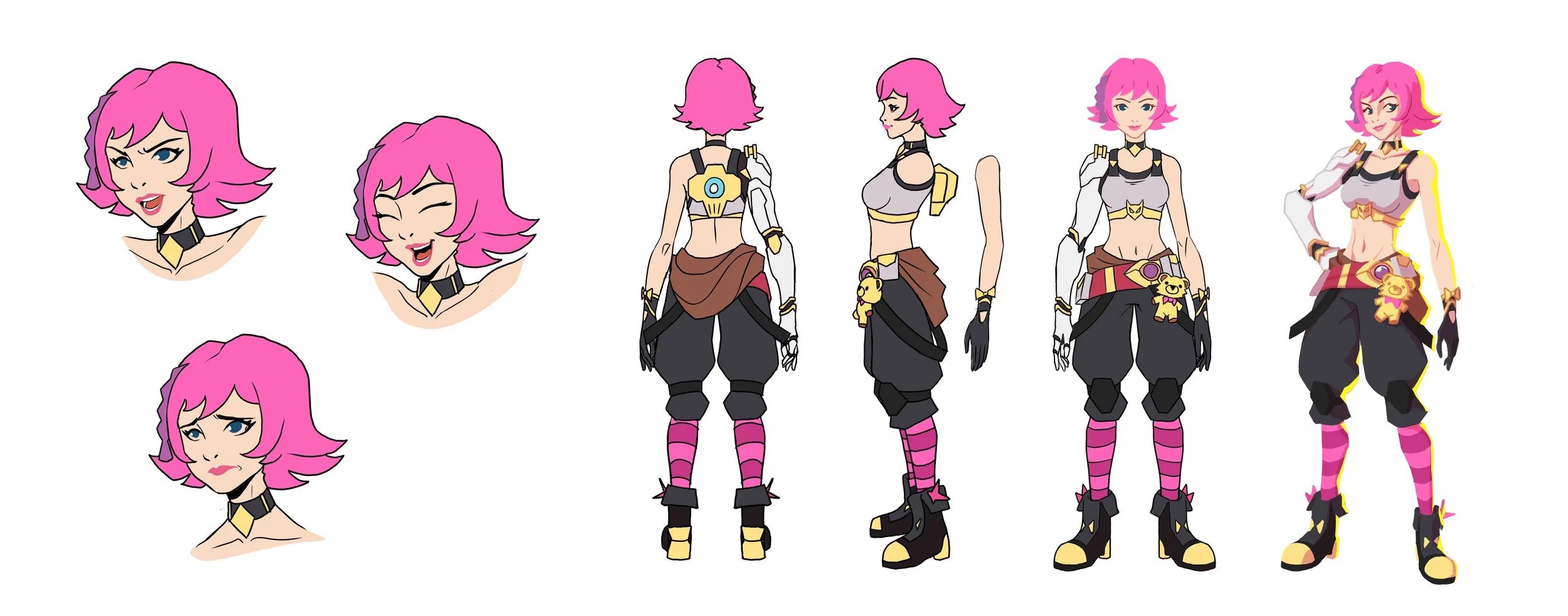 Character design sheet of a pink-haired female character with various facial expressions and a full-body outfit, showcasing different poses and angles.