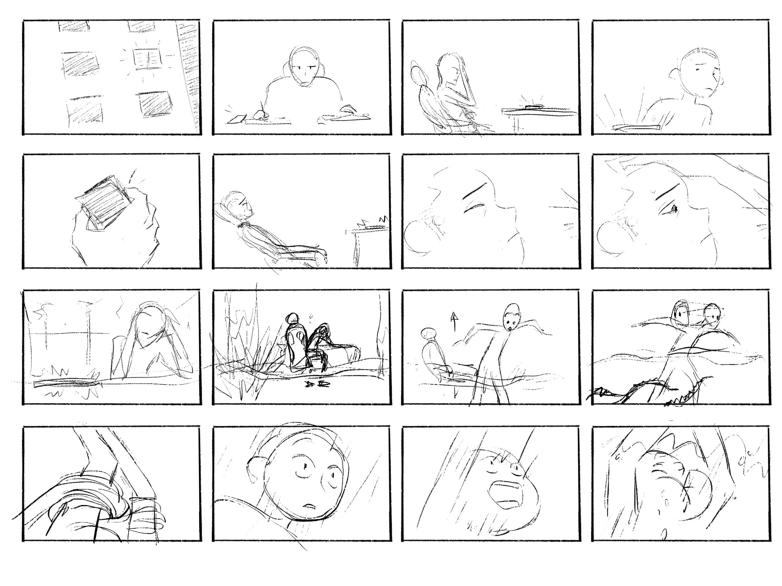 A storyboard with comic sketches, showing various characters in different scenes, including a person reading a book, a girl adjusting her hair, a character lying on a grass field, and a person with glasses looking surprised or worried.