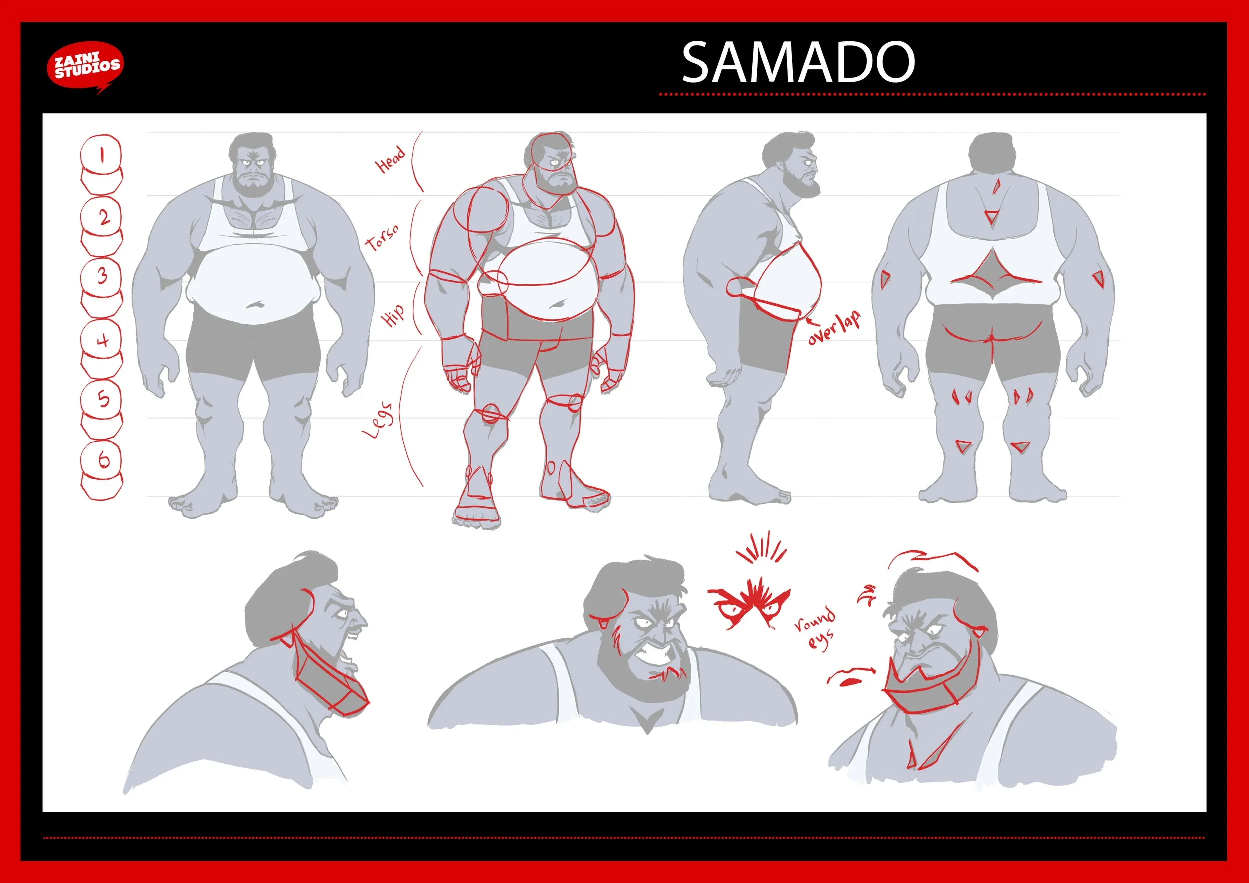 Various character sketches of a muscular man with a full beard and angry expression, including front, side, and back views, with annotations and notes