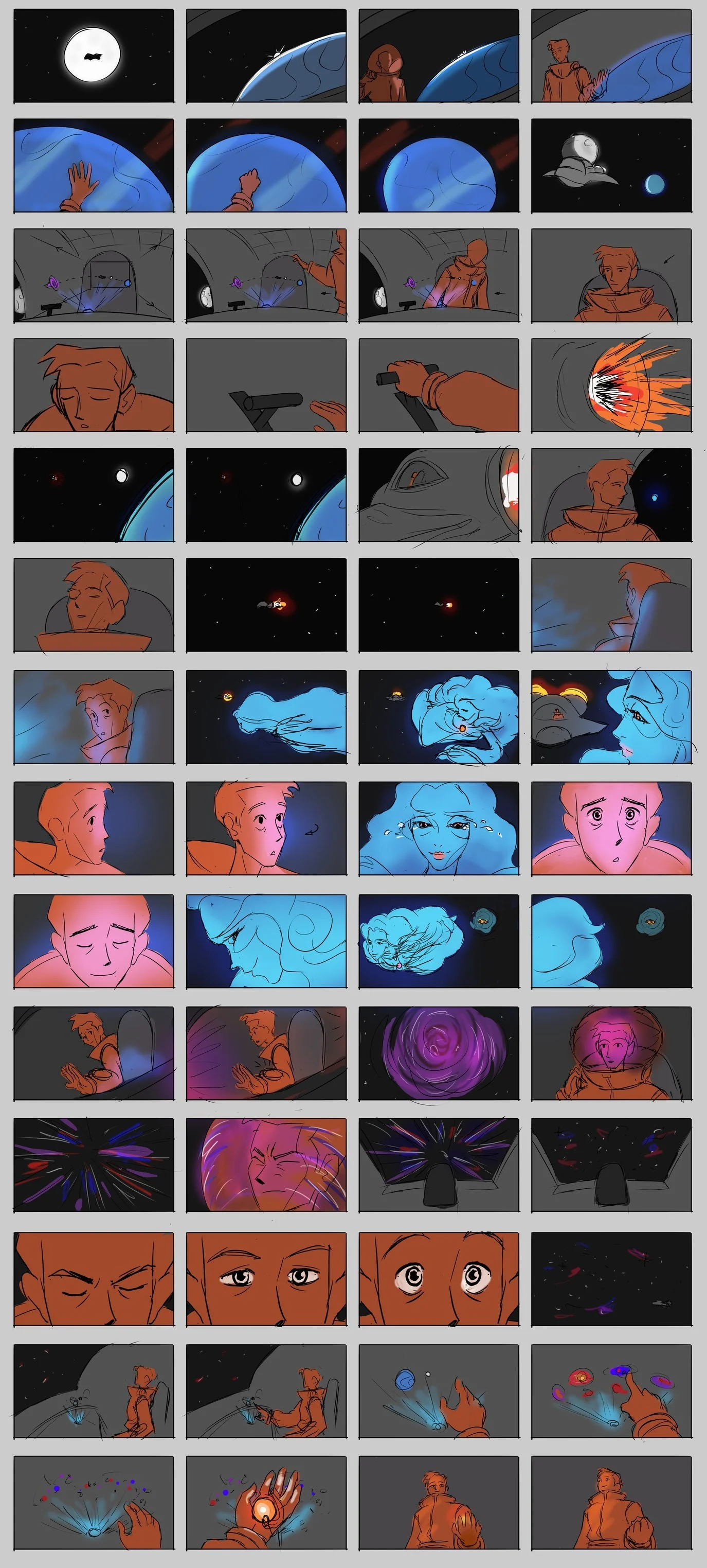 A comic-style sequence depicting a young man traveling through space, observing celestial bodies, encountering alien entities, engaging in space battles, and experiencing an emotional transformation involving cosmic and celestial imagery.