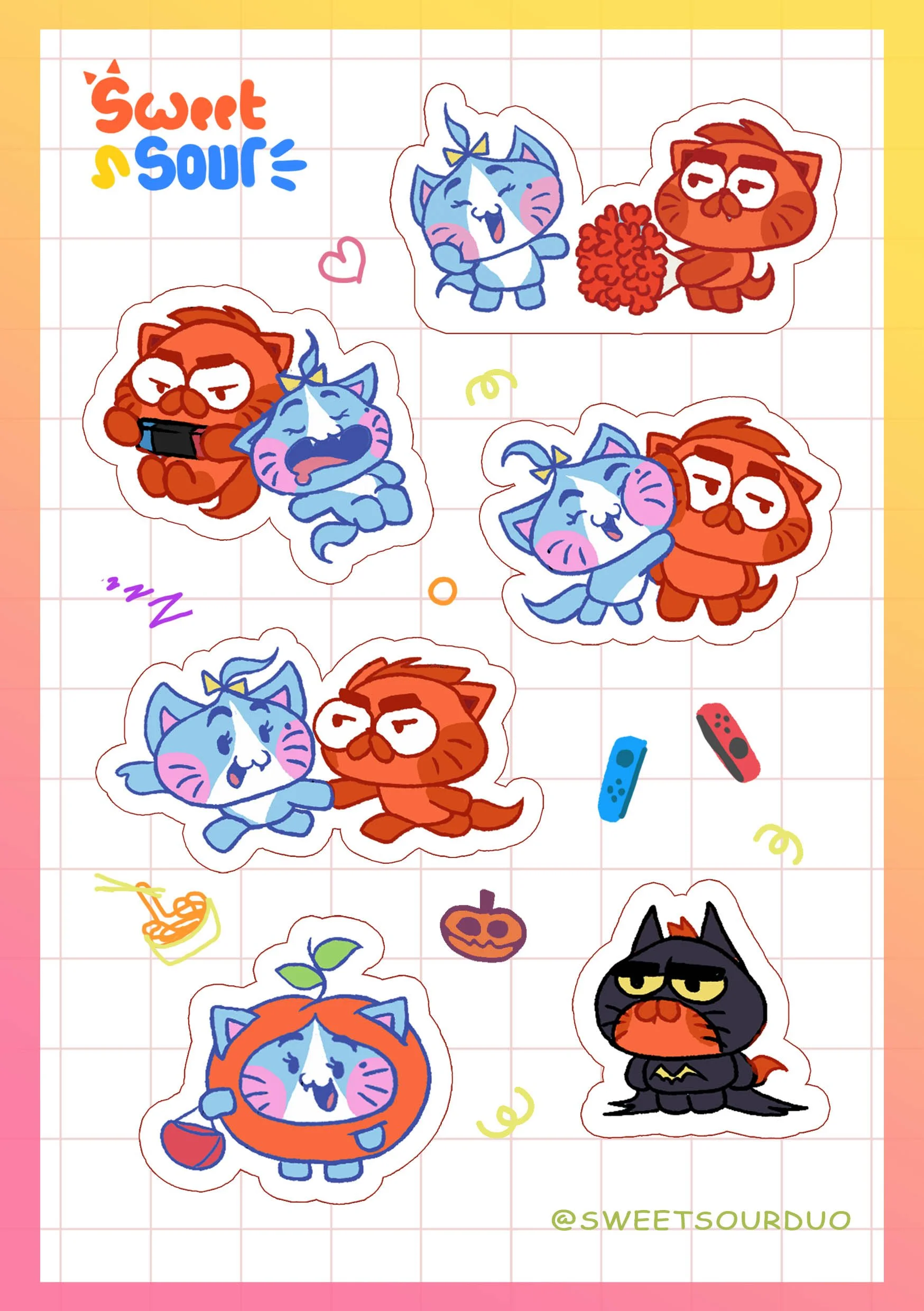 Collection of cartoon Halloween-themed stickers featuring blue and orange cats, some dressed as pumpkins or bats, with decorations like pumpkins, bats, and candy on a grid paper background.