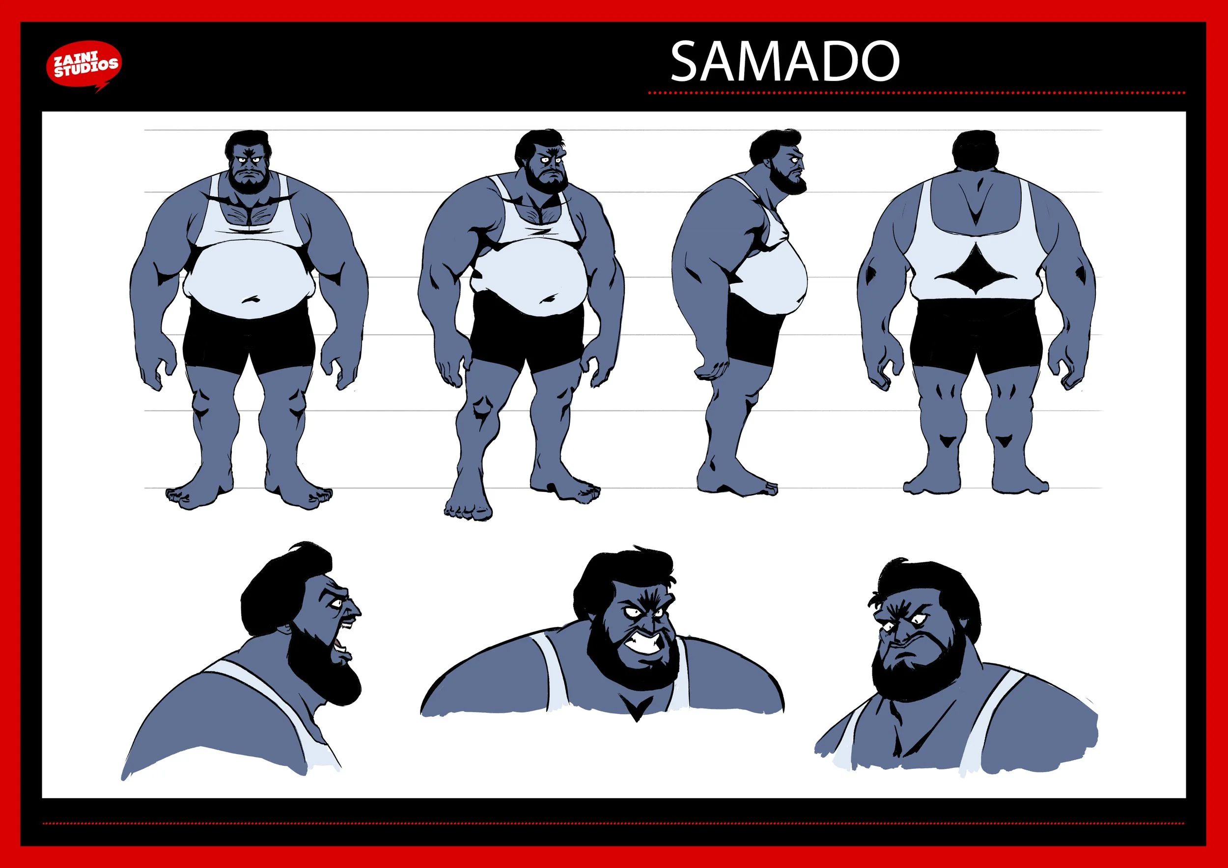 Illustration of a blue-skinned, muscular humanoid character with black hair and a beard, shown in front, profile, and back views, wearing a white tank top and black shorts, with the name 'Samado' at the top and a red and black border.