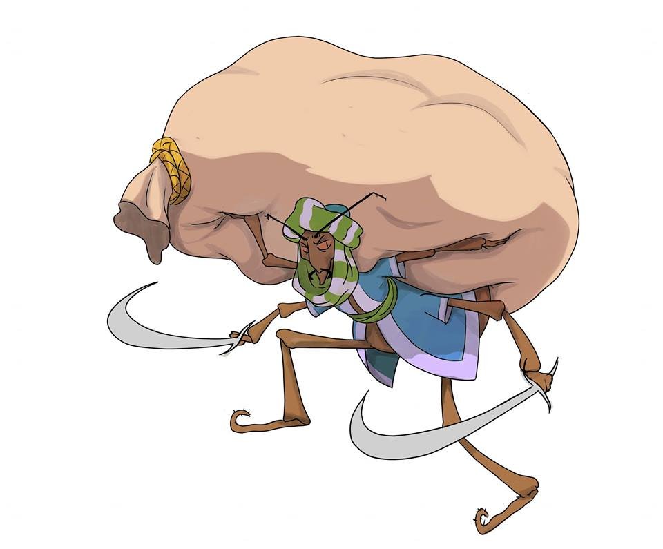 A cartoon character with a large, exaggerated head carrying a big bag on their back, dressed in blue and green clothing, and holding two swords.