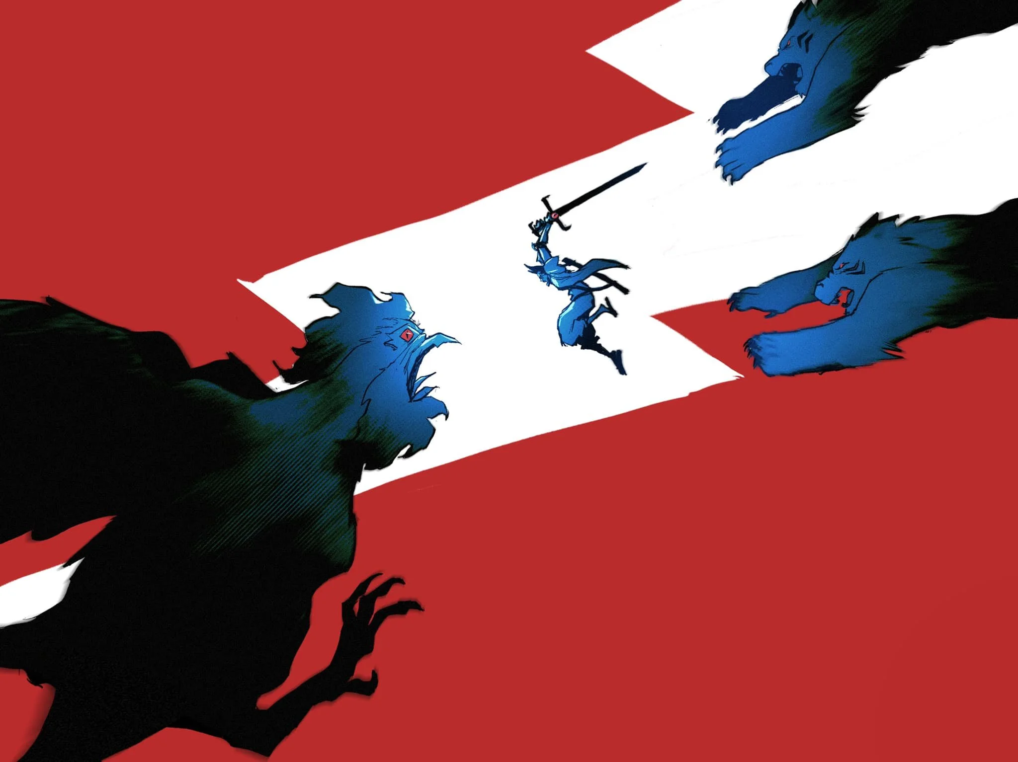 Illustration of a large black panther and a blue wolf facing each other on a red, white, and black background.