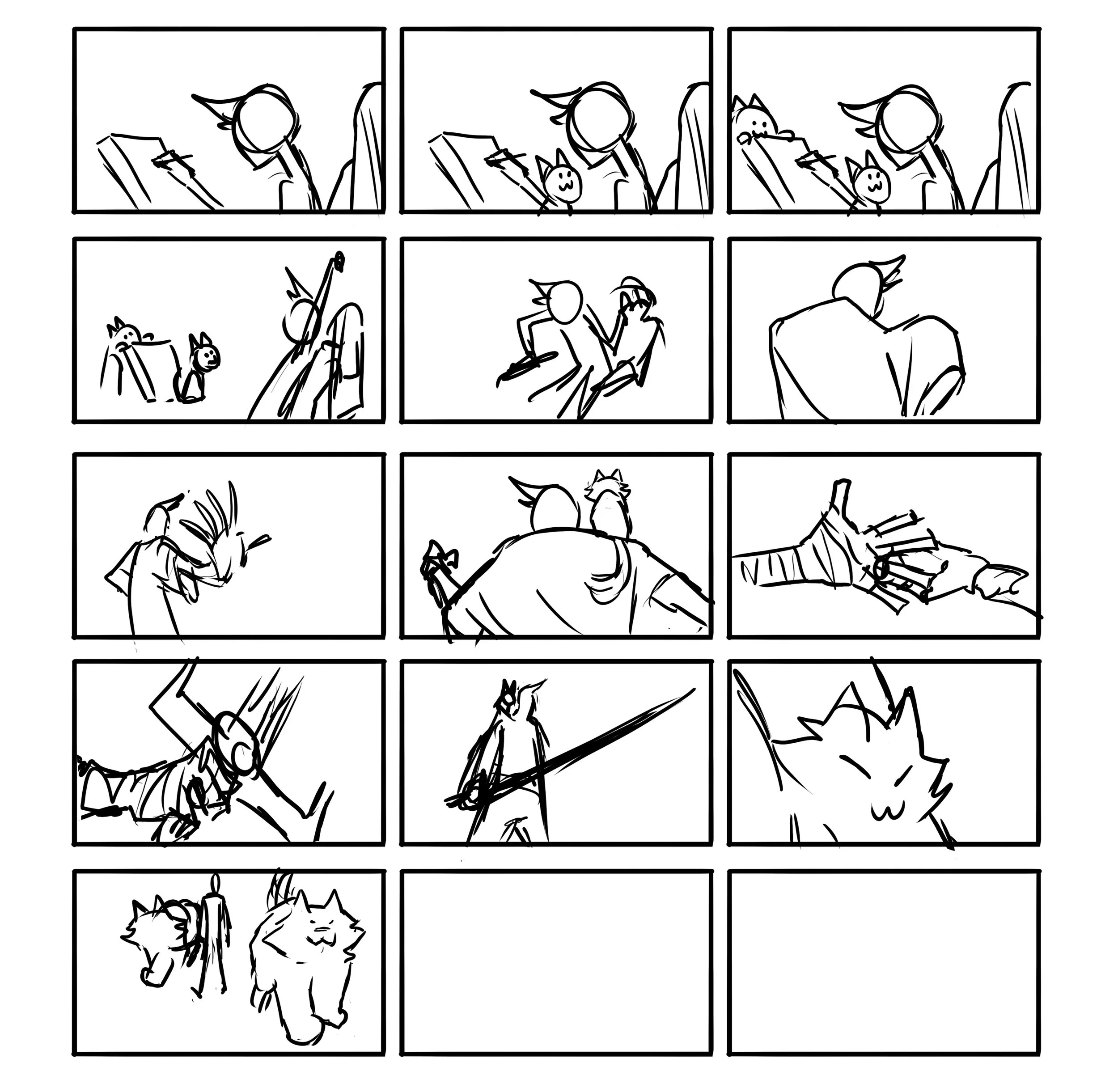 Comic strip showing a sequence of a person and a cat, with the person engaging in conversation, jumping and lying down, and the cat sitting and lounging.