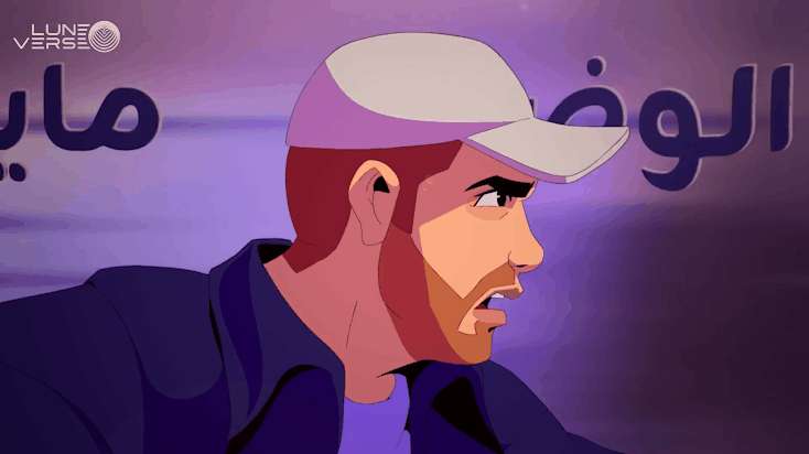 Animated character with a beard, wearing a white baseball cap and a dark jacket, speaking or looking to the side with a serious expression.