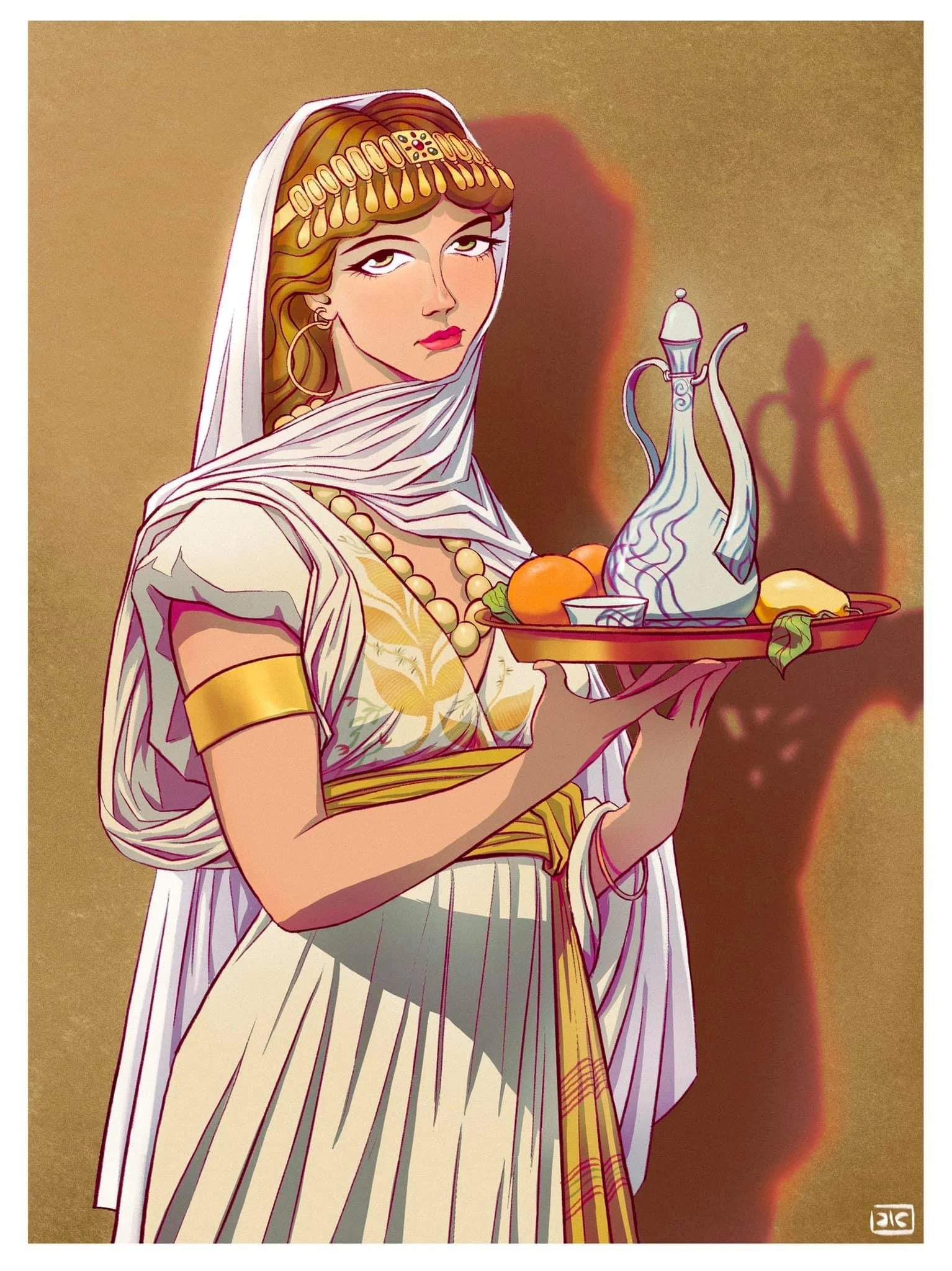 Illustration of a woman dressed in traditional Middle Eastern attire, holding a tray with a decorative teapot, oranges, and bananas, with a plain background.