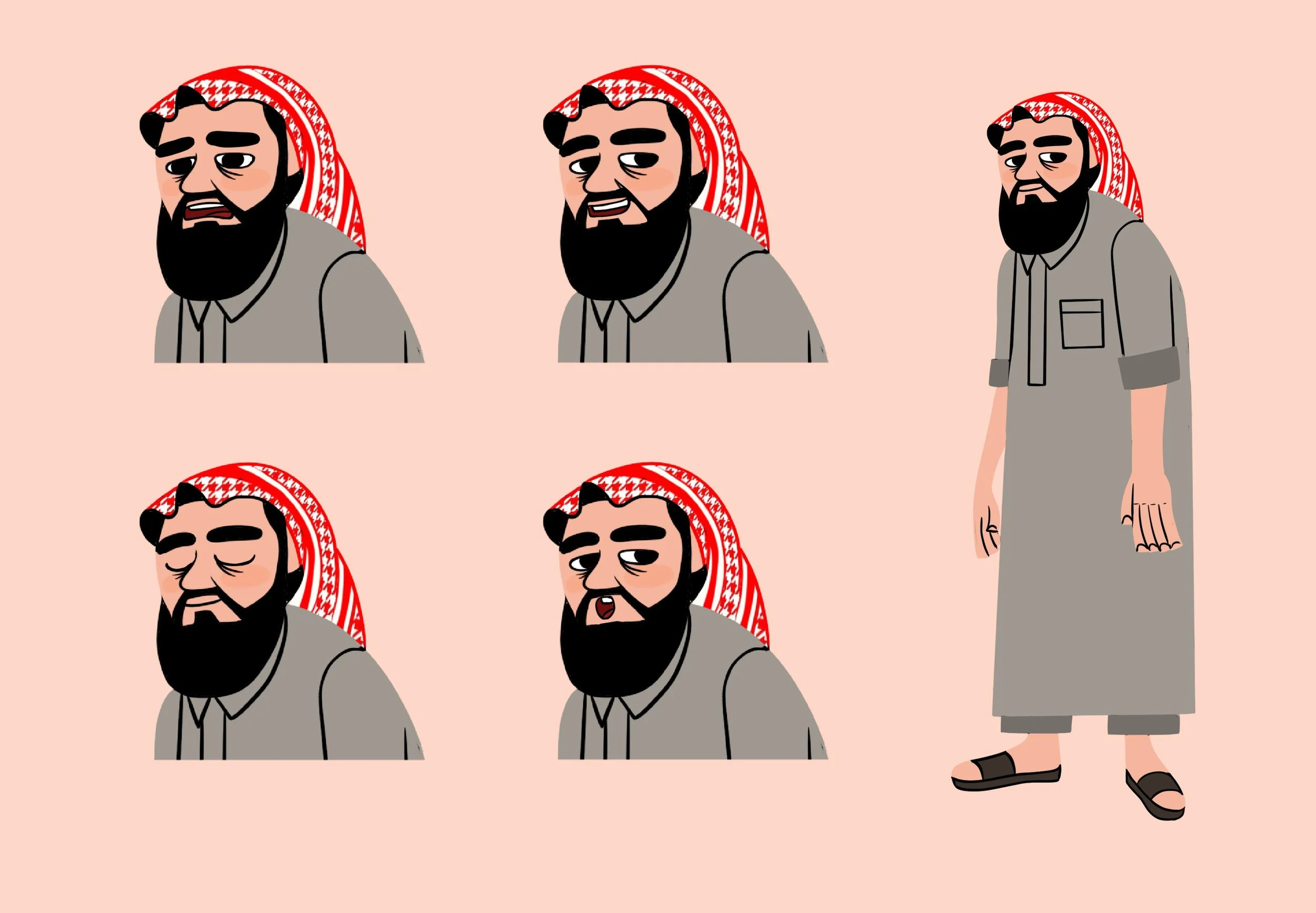 Multiple cartoon illustrations of a bearded man wearing a red and white patterned head scarf, a gray shirt, and black sandals, with various facial expressions, on a pink background, with one full-body illustration of the man on the right side.