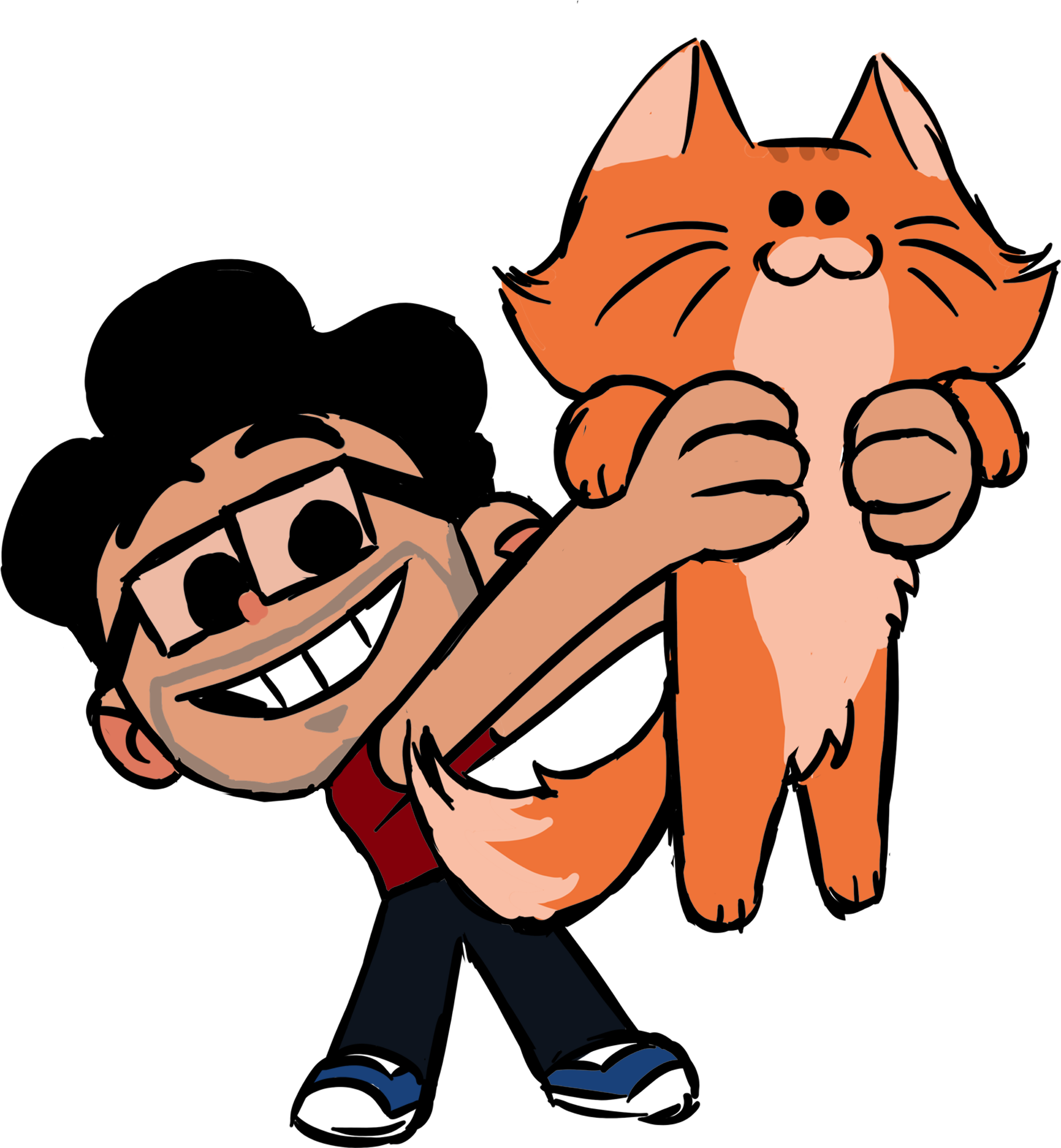 A cartoon boy with glasses, a big smile, and spiky blonde hair, standing with his hands in front of him.