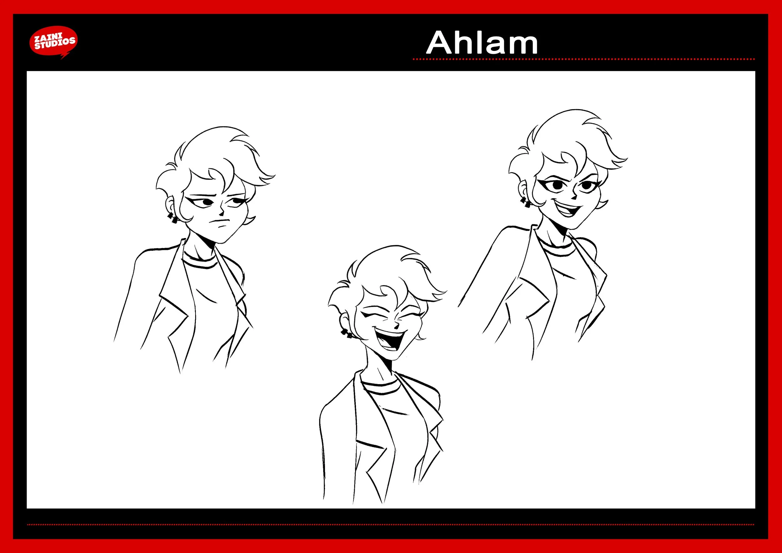 Black and white comic-style drawings of a woman's face displaying different expressions, displayed on a sheet with a red and black border.