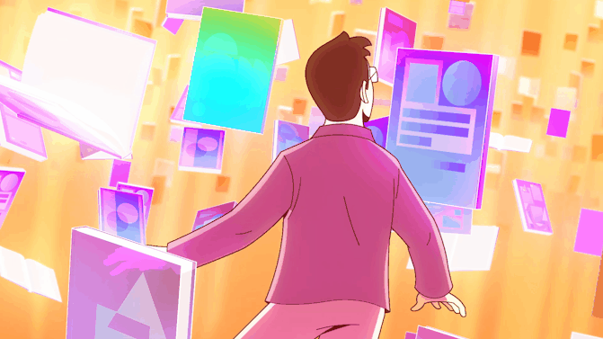 A person in a pink suit surrounded by floating digital screens with various images and graphics, in a vibrant digital environment.