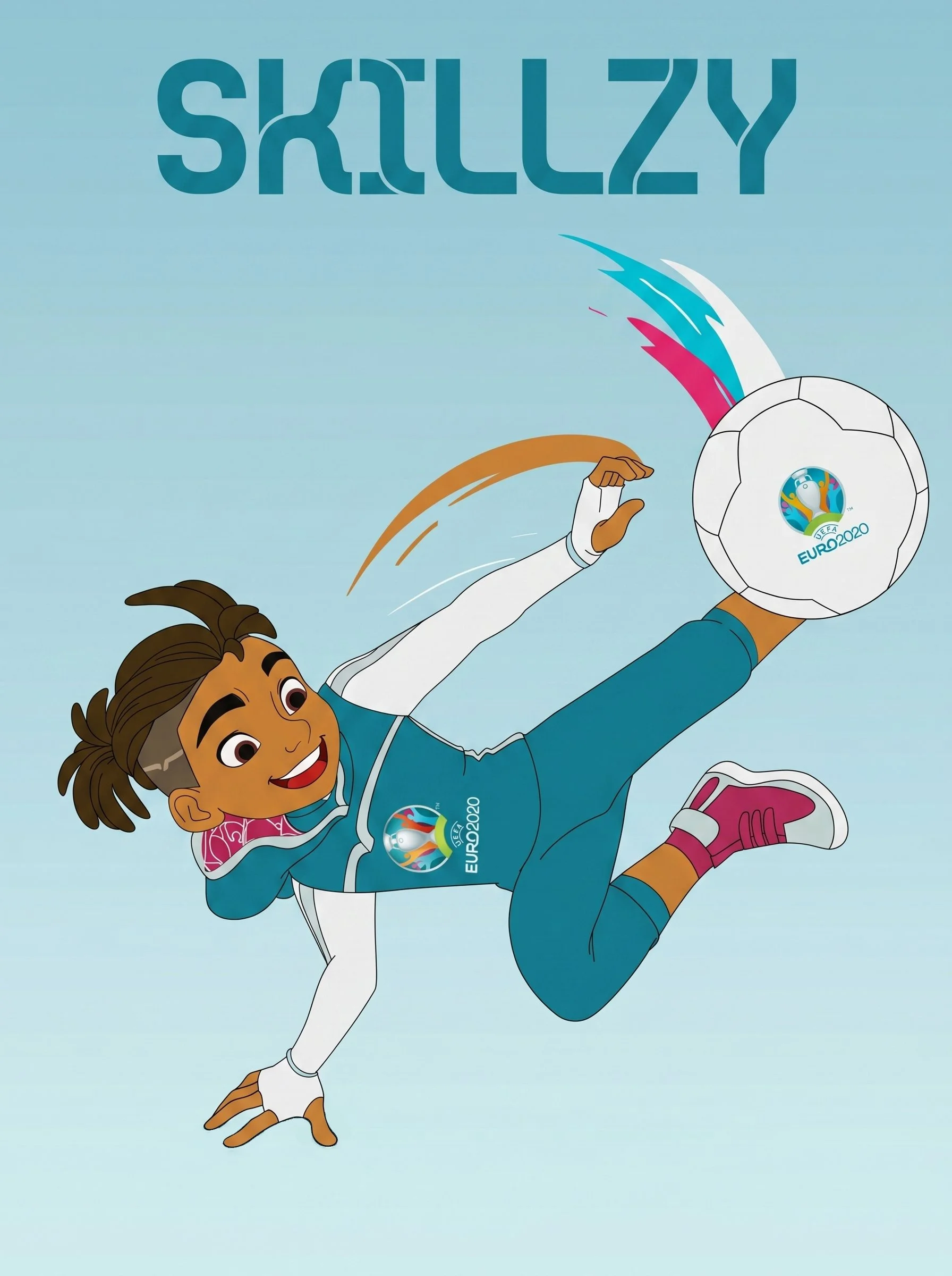 Illustration of a female soccer player with a dark skin tone, brown hair tied back, wearing a blue sports outfit with the UEFA Euro 2020 logo on her jersey, kicking a soccer ball with the Euro 2020 logo, set against a light blue background.