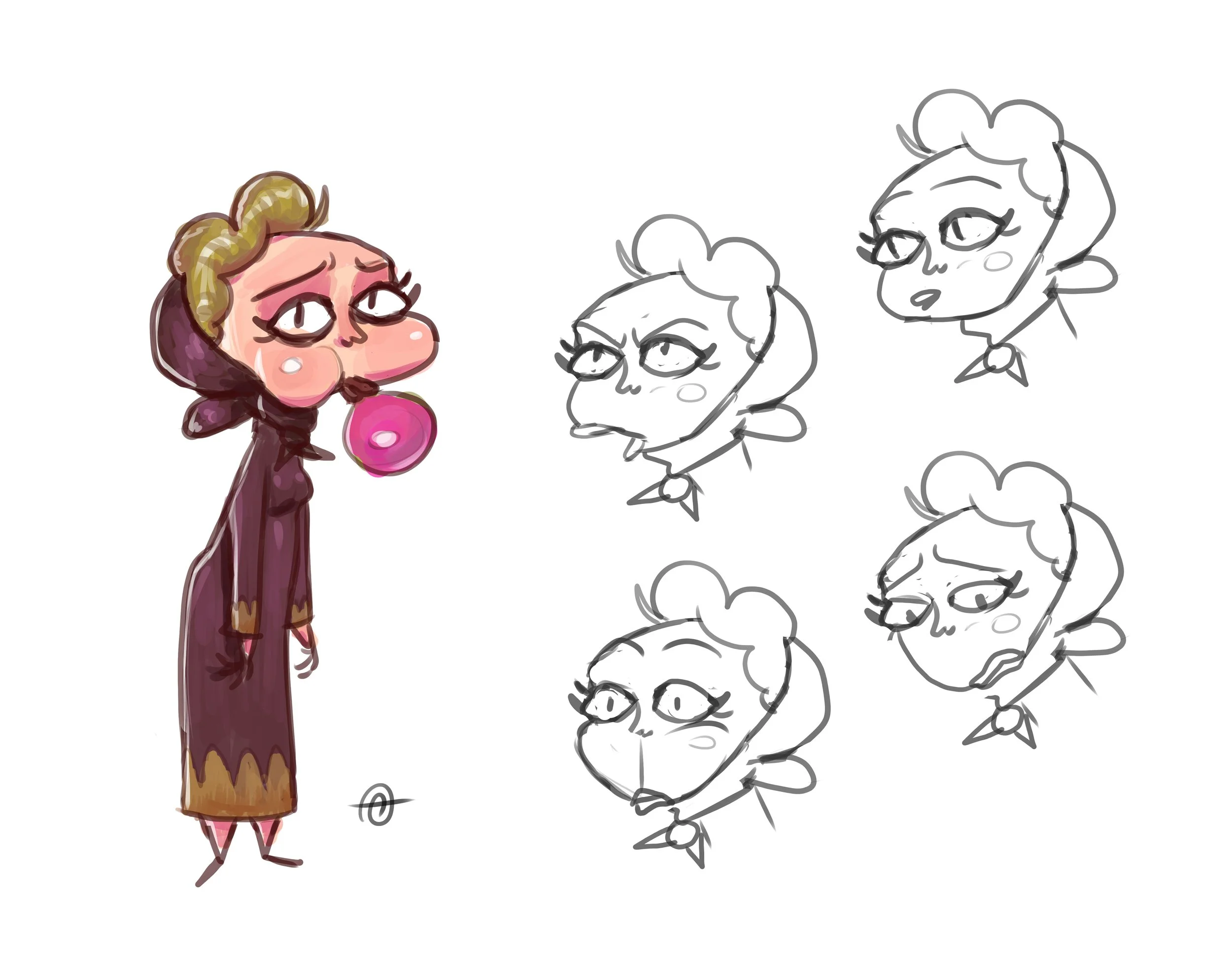 Colorful illustration of a girl in a long dress holding a lollipop, surrounded by sketches of similar girl characters in different poses without color.