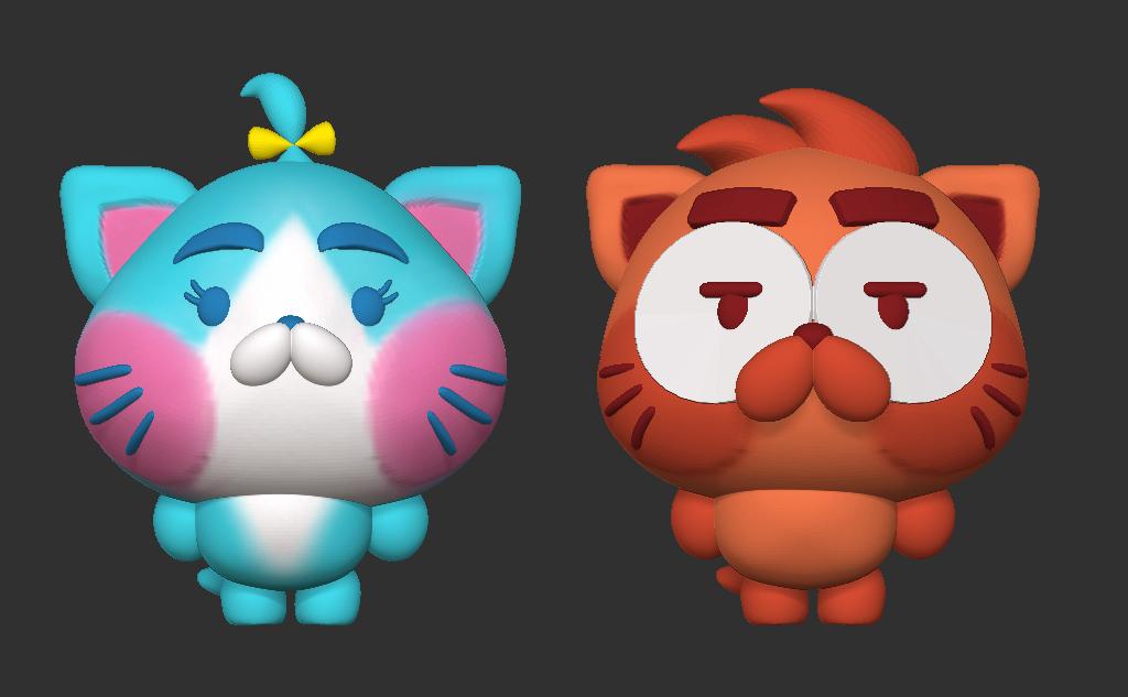Two digital cartoon characters, a blue and pink cat and an orange and white tiger, against a dark background.