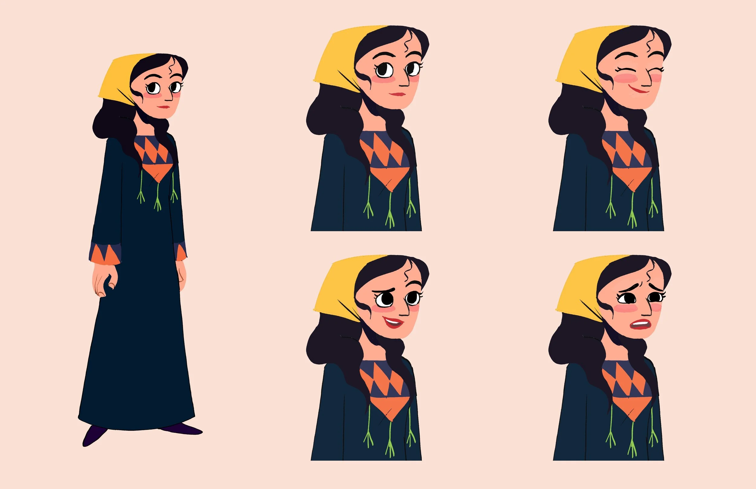 Series of illustrations showing a woman with long dark hair wearing a yellow headscarf and a dark blue dress with an orange and blue geometric pattern, depicting different emotional expressions from neutral, smiling, to sad.