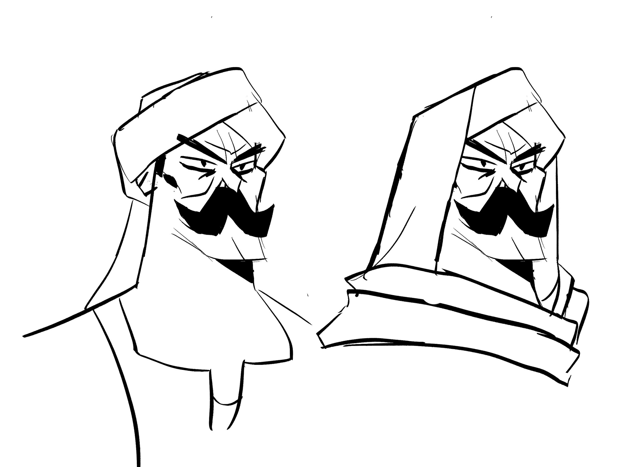 Black and white line drawing of a person reading a book. The person has a mustache and is wearing a head covering.