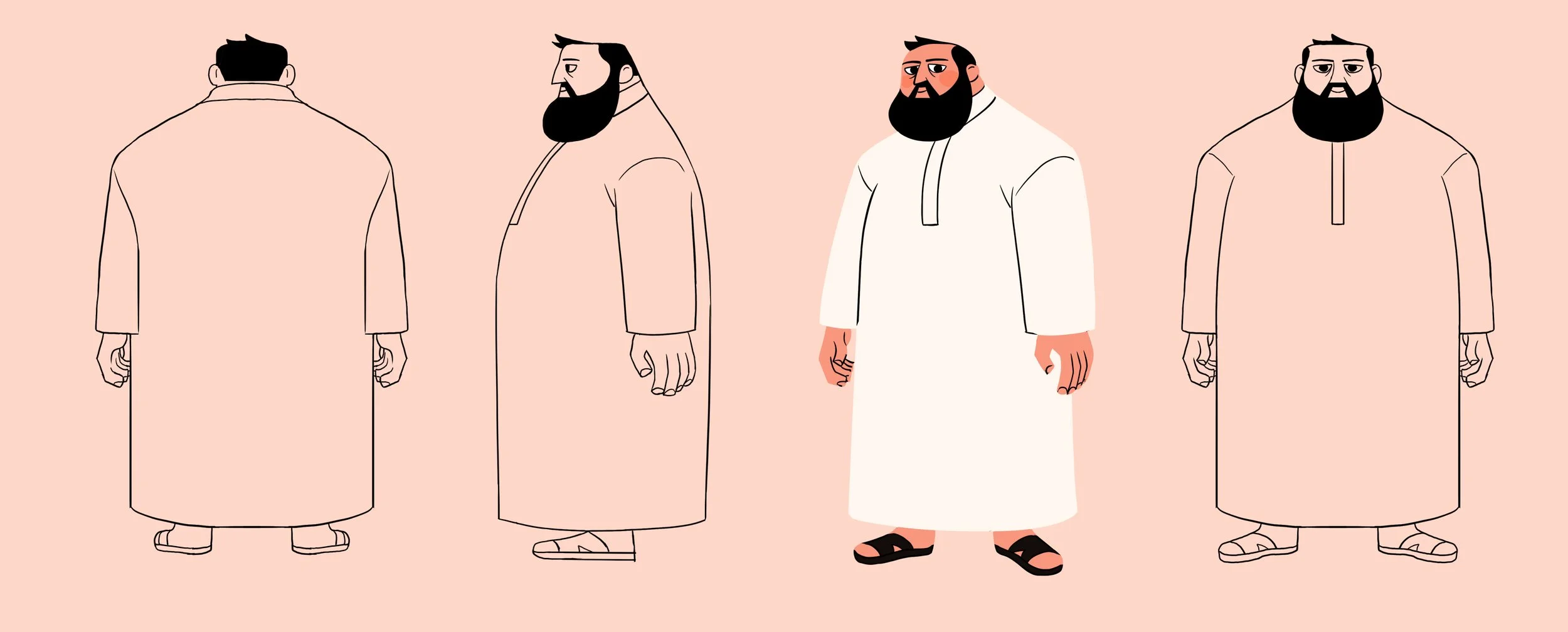 Digital illustration of a man with a beard dressed in traditional Middle Eastern attire, shown in four different views: back, profile, front, and back again, with a plain pink background.