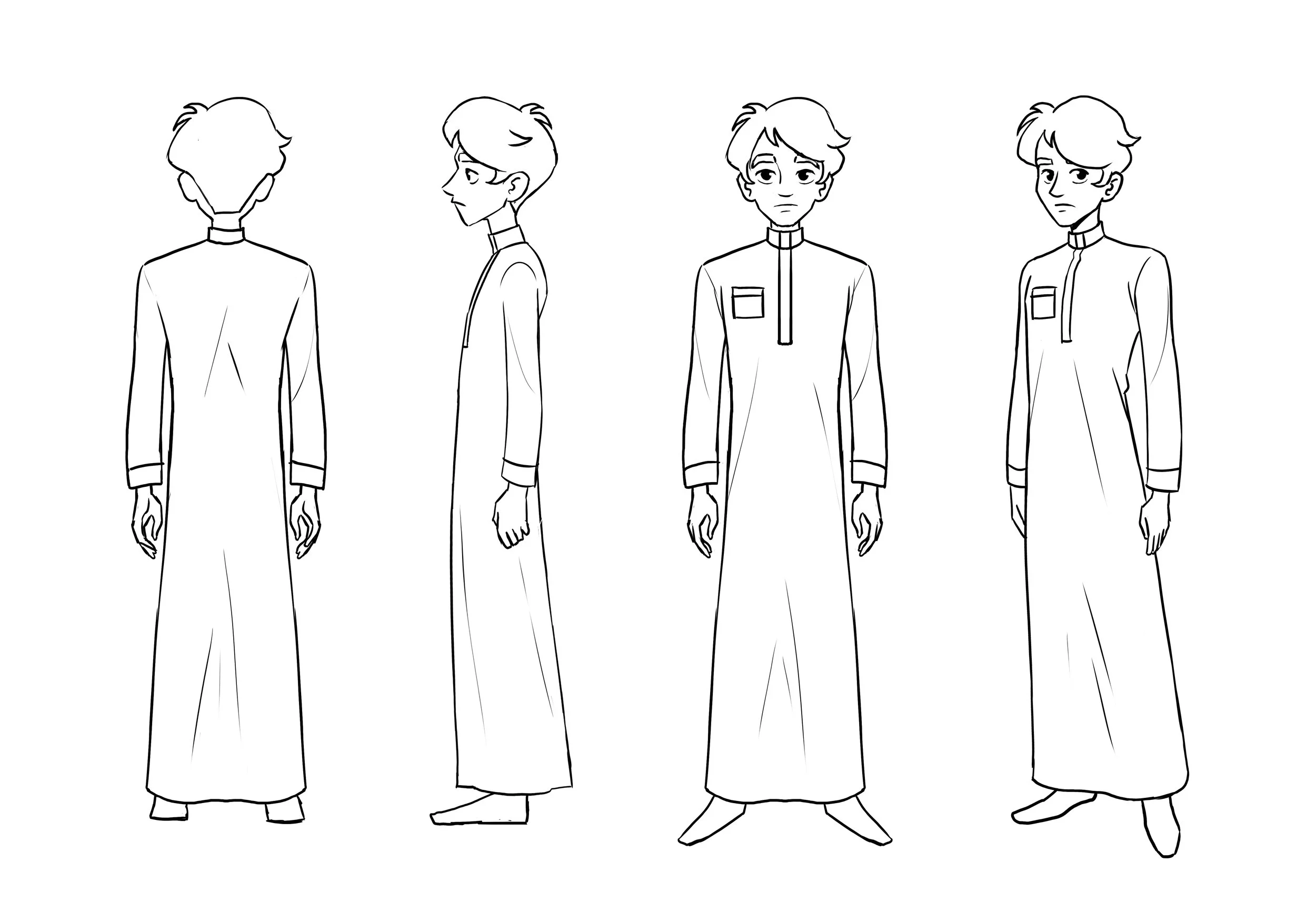 Line drawing of four male characters in long robes with high collars, viewed from various angles. The characters have medium-length hair, some with parted styles and some with tousled hair, and have neutral expressions. The drawing is in black and wh