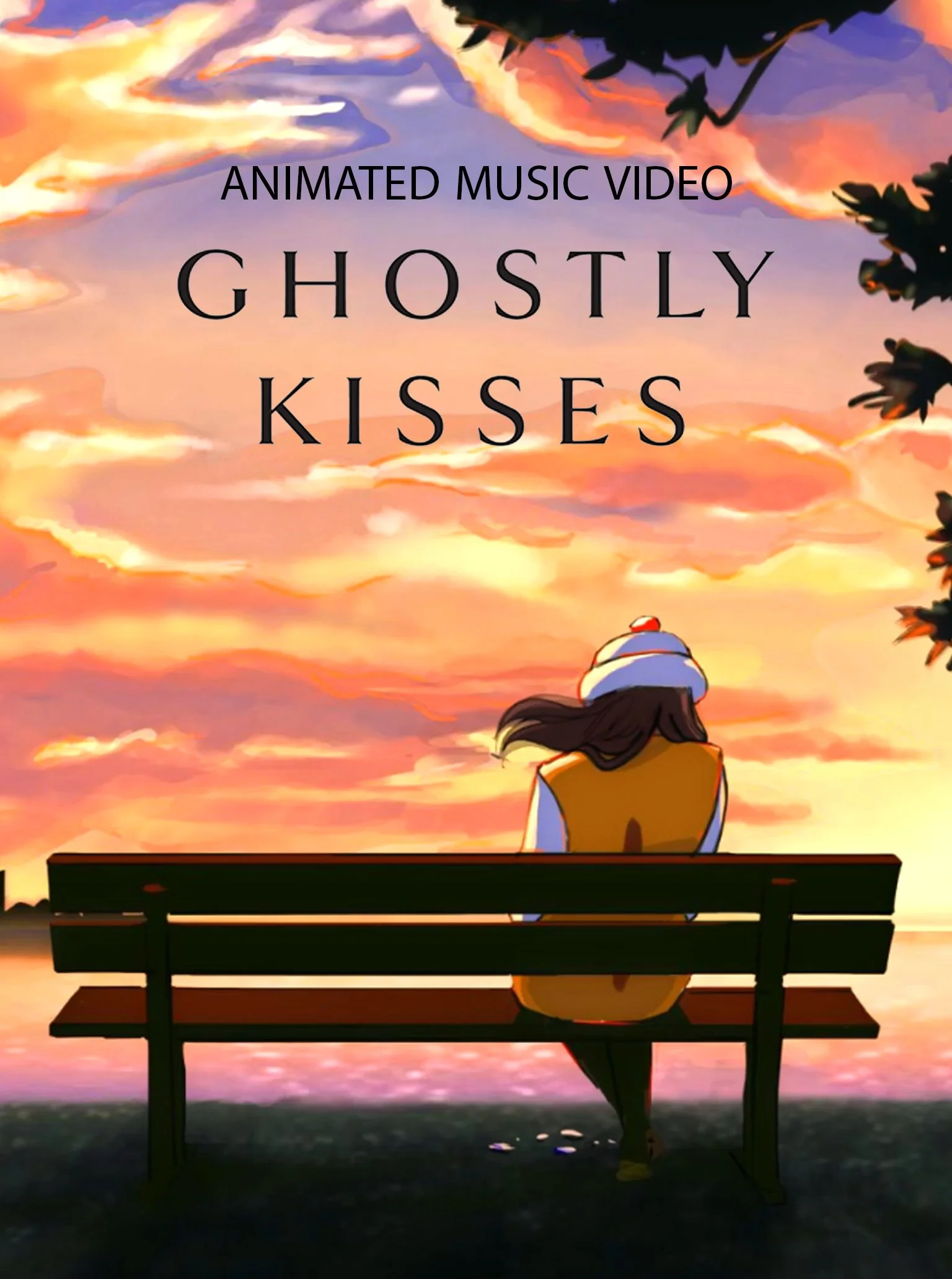Animated scene of a girl sitting on a bench by the water, facing a colorful sunset sky with clouds and trees silhouette, with text "Animated Music Video Ghostly Kisses" overlayed.