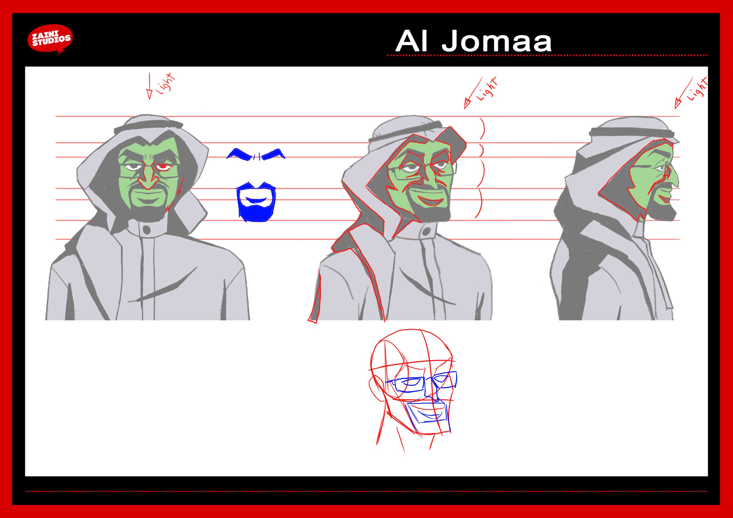 Drawing of three stylized depictions of a character with green skin, gray hooded cloak, and distinctive facial features, in different angles, with a red outline of a face sketch and some notes on lighting.