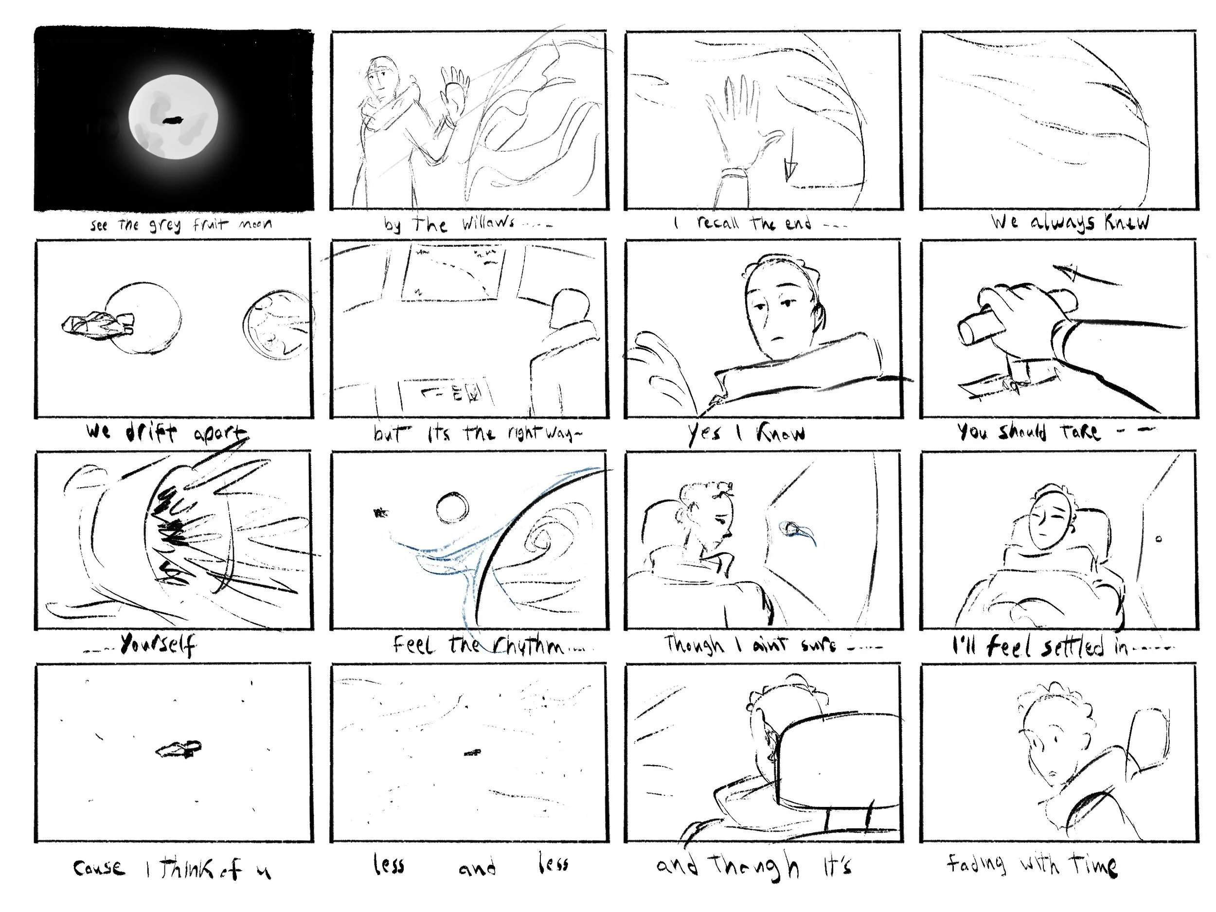 A black and white storyboard with eight panels, featuring scenes of a person looking at the moon, a ship in space, and a woman sitting at a desk, accompanied by handwritten text in each panel about feelings of change, rhythm, and time.