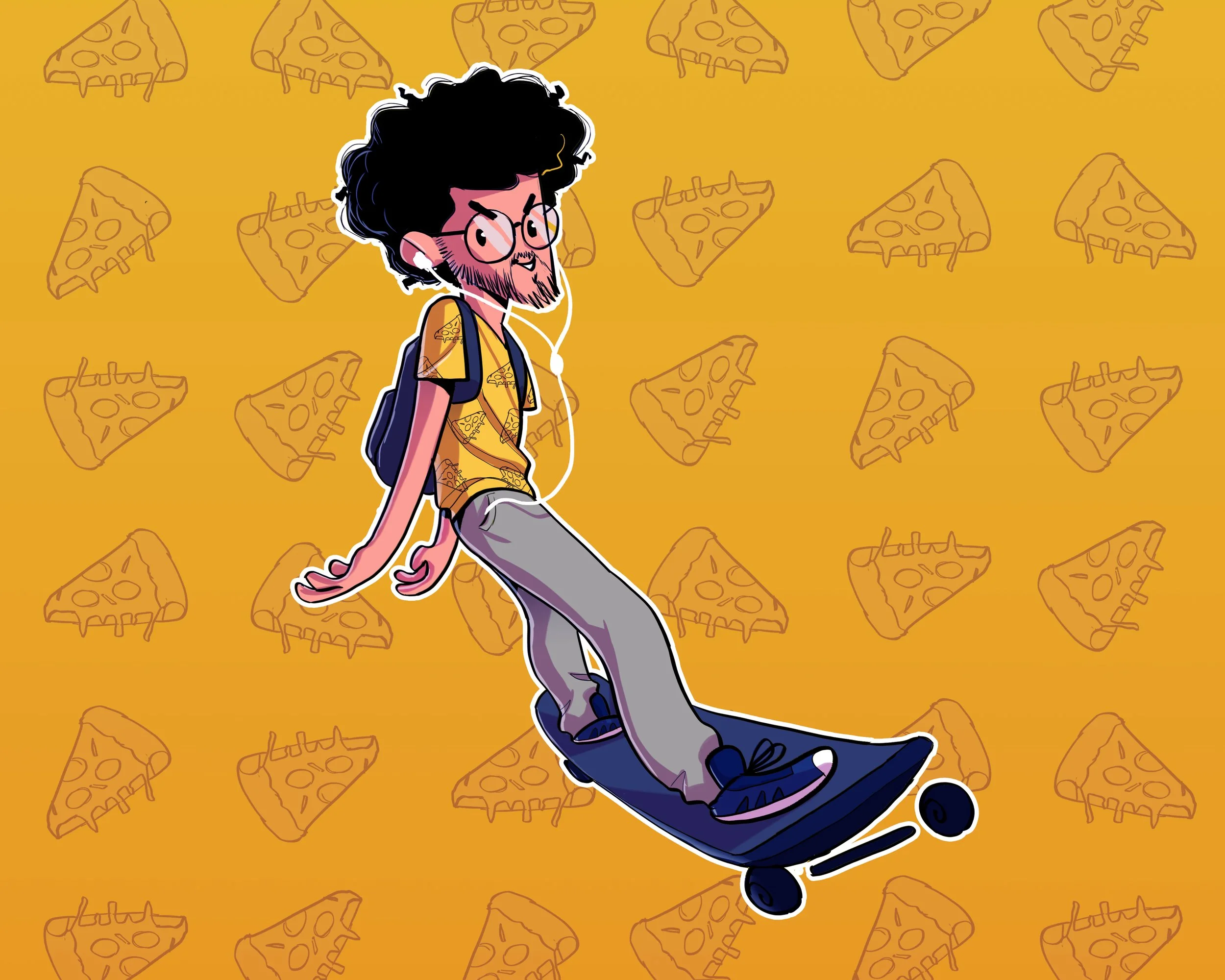 Cartoon illustration of a young man with glasses, black curly hair, and a beard, riding a skateboard against a yellow background with illustrated slices of pizza.