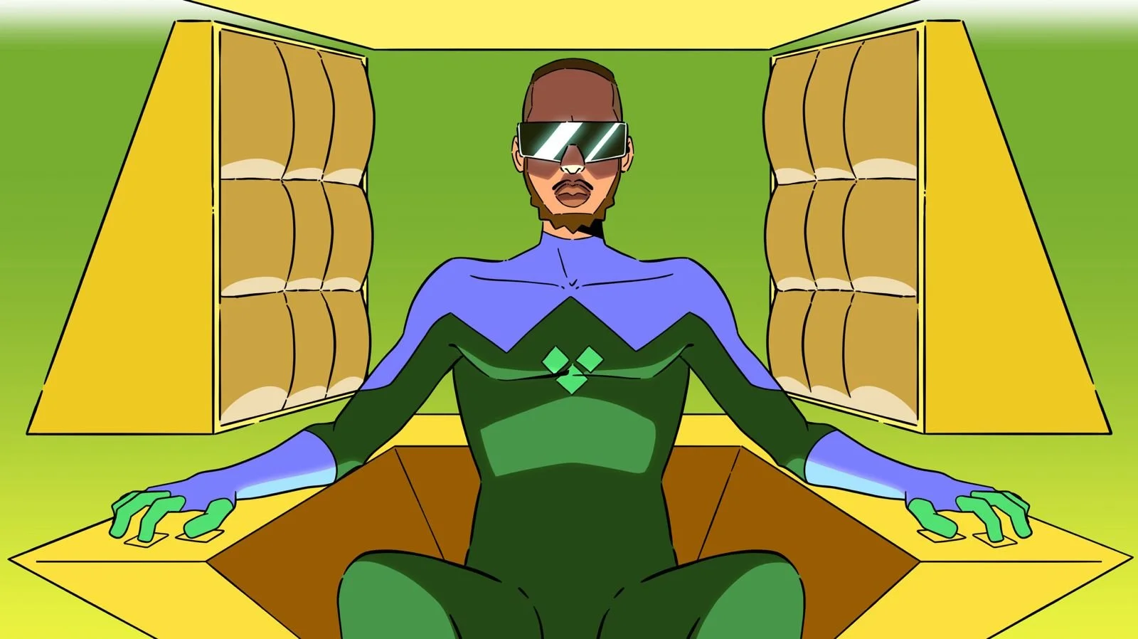 A person dressed as a superhero sitting on a throne-like chair with open cabinets on either side, wearing sunglasses and a colorful costume with blue, green, and black colors.