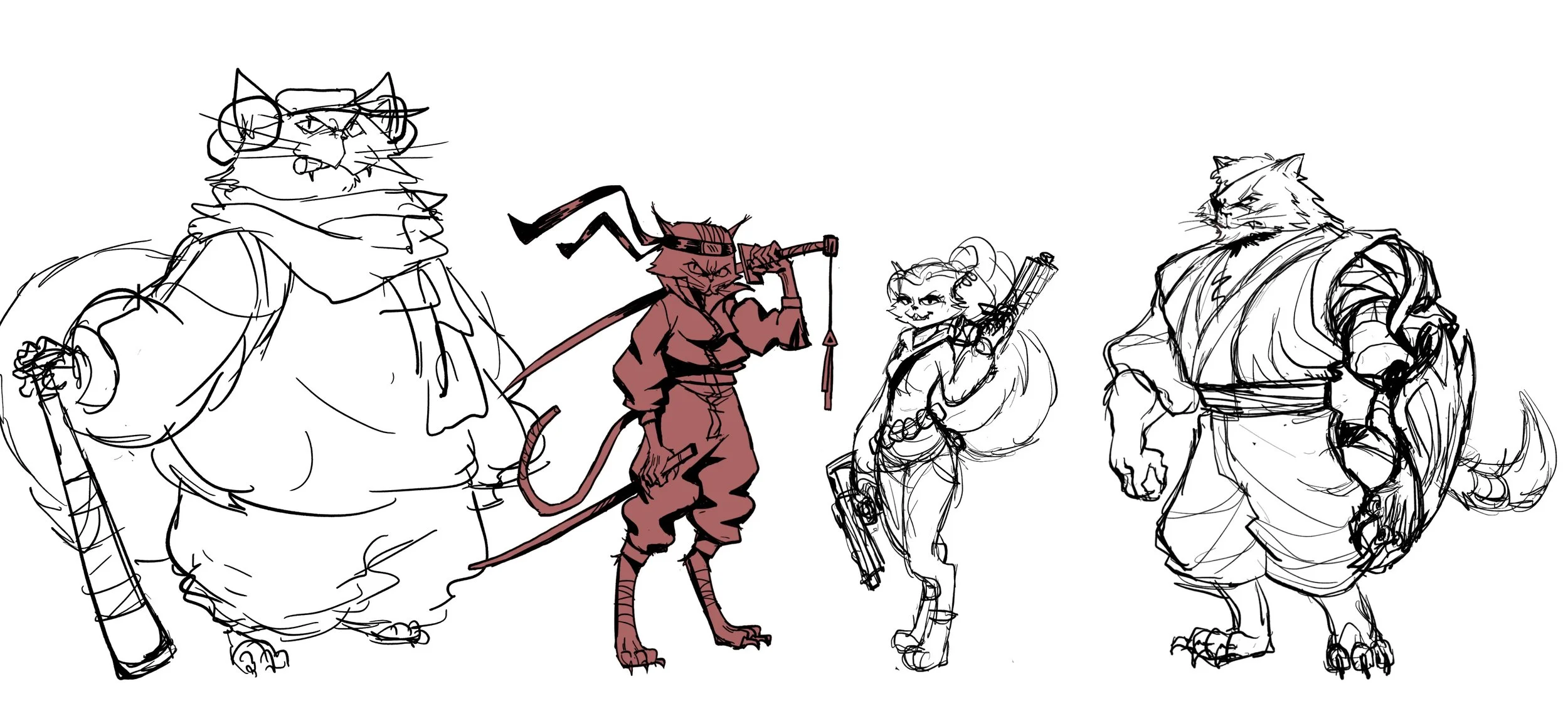 Sketch of four anthropomorphic animal characters, including a large feline, a small feline wielding a bow, a bird-like creature with a staff, and another feline with a weapon, all depicted in a lineup.