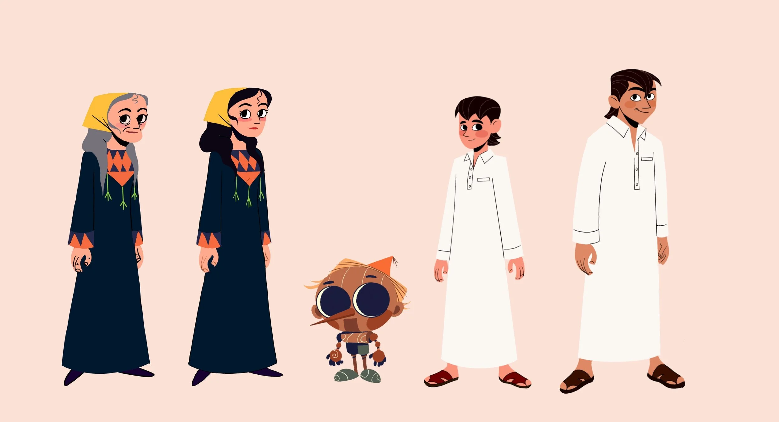 Animated characters from the movie Encanto, including older women, two young girls, a young man, and a small capsule-shaped robot with glasses, all standing against a plain background.