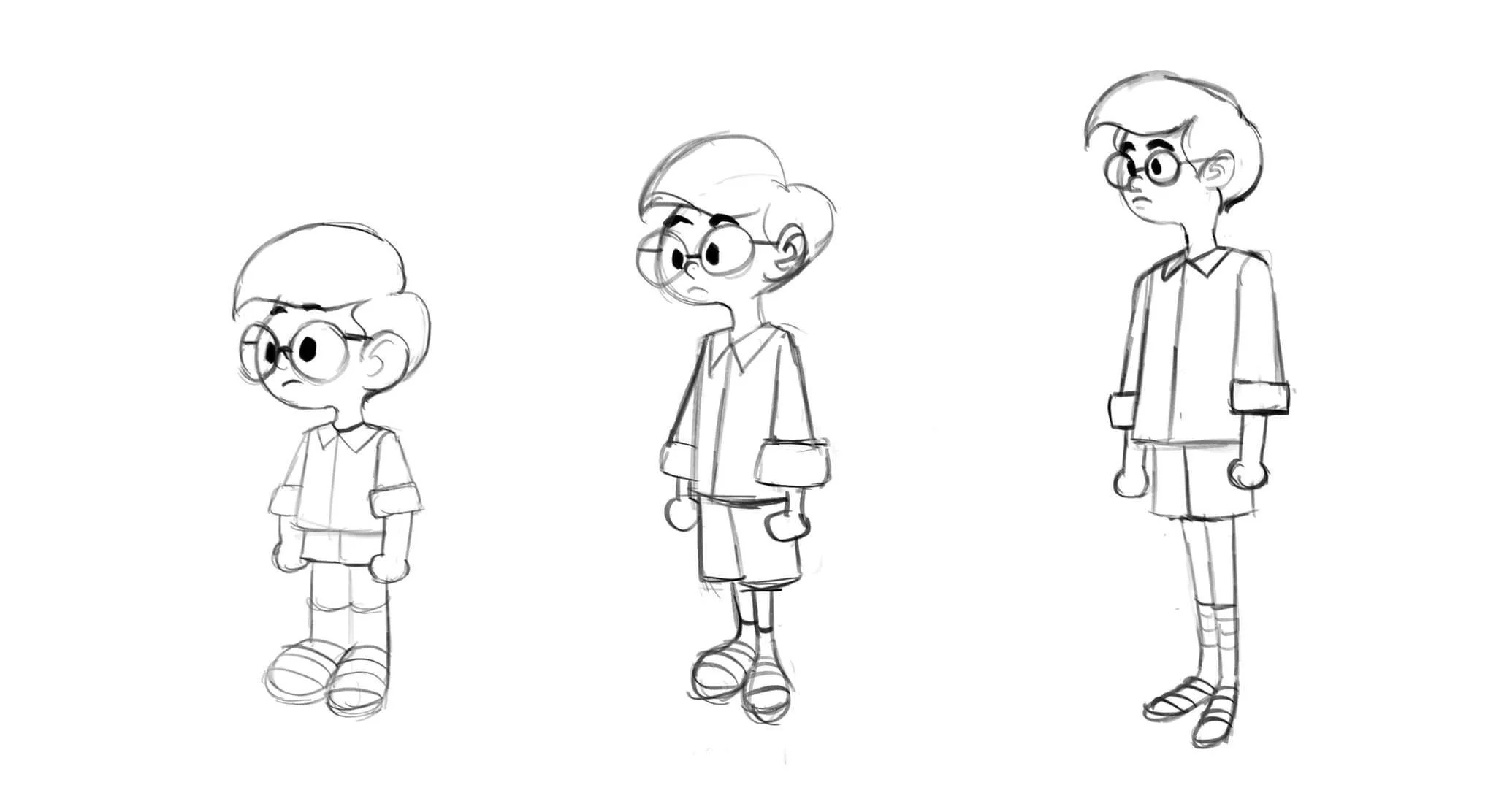 Sketch of three children standing, each in different poses, with glasses, shorts, and striped shoes.