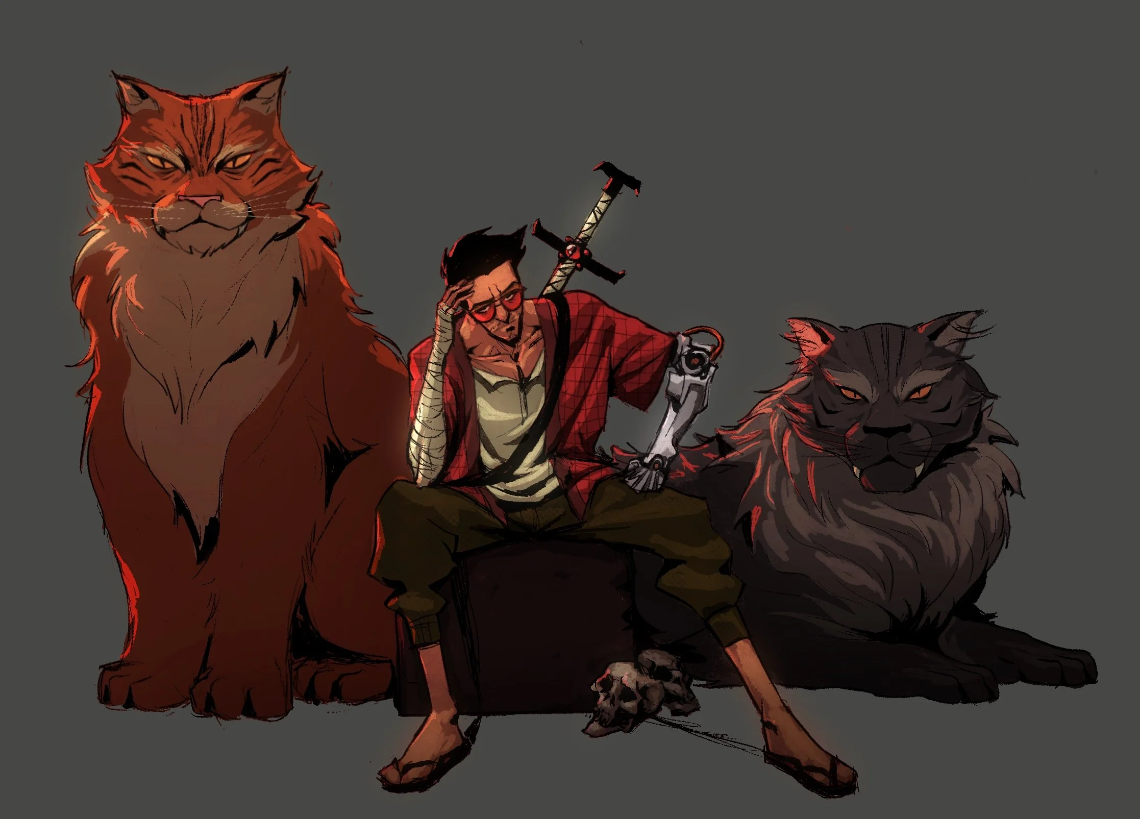 Illustration of a man with glasses, holding a sword, sitting between a large red lion and a black lion, all with dark backgrounds.