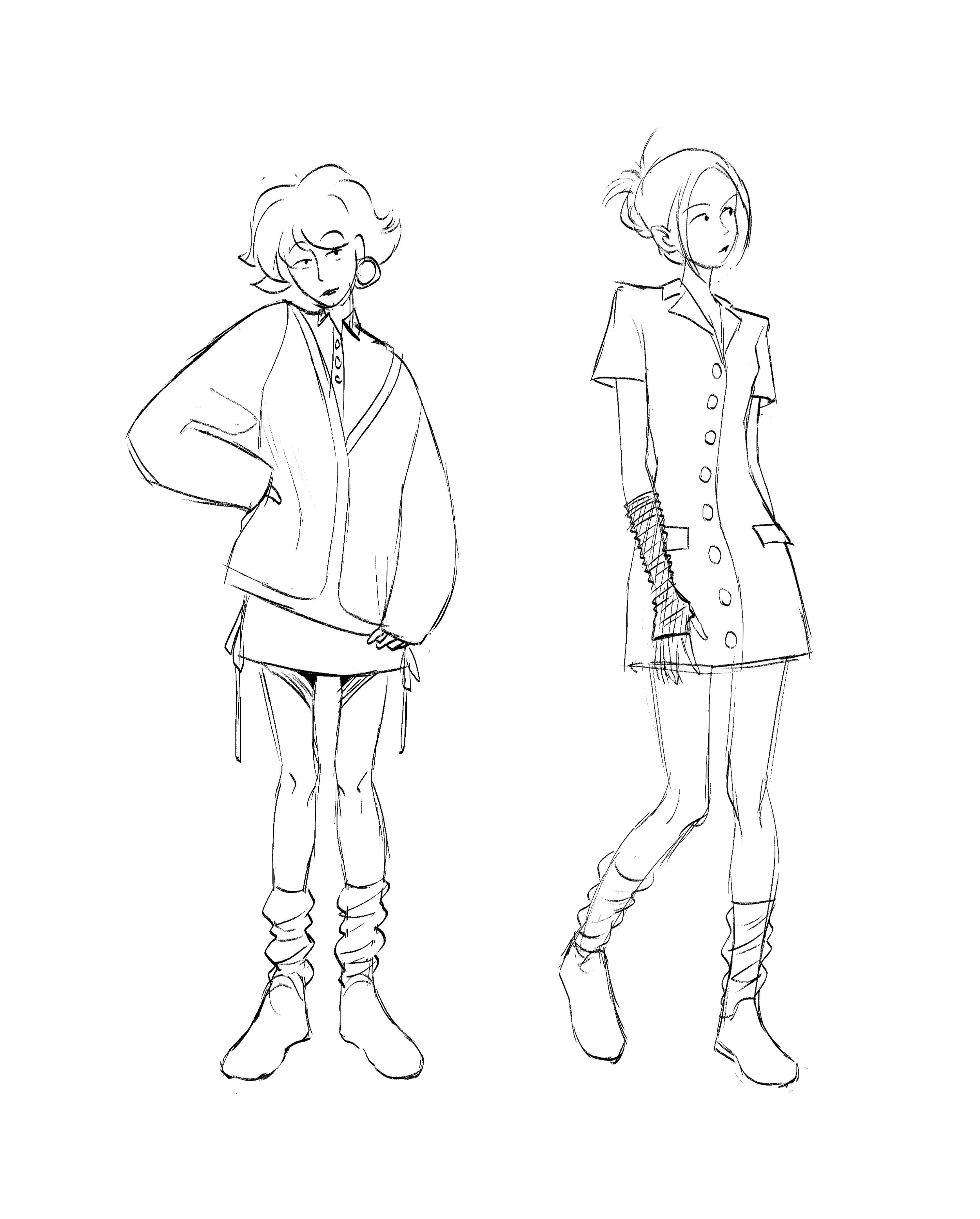 Line drawing of two women standing side by side, both dressed in stylish outfits with boots and long pants, with a plain background.