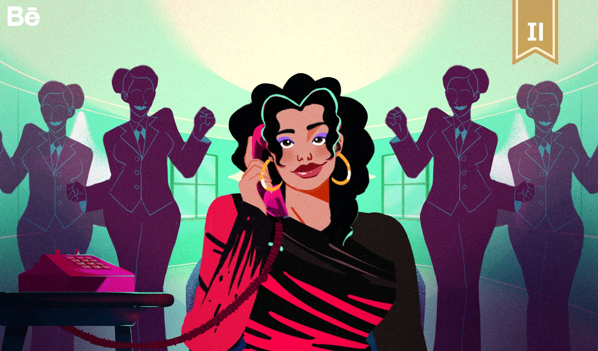 A woman with curly black hair wearing large hoop earrings, a black and red striped top, and a red blazer, talking on a pink phone. Behind her are four female figures in purple suits and glasses, with their fists raised, in a stylized, animated office environment with a reception desk with a pink telephone, and light-colored walls and ceiling.