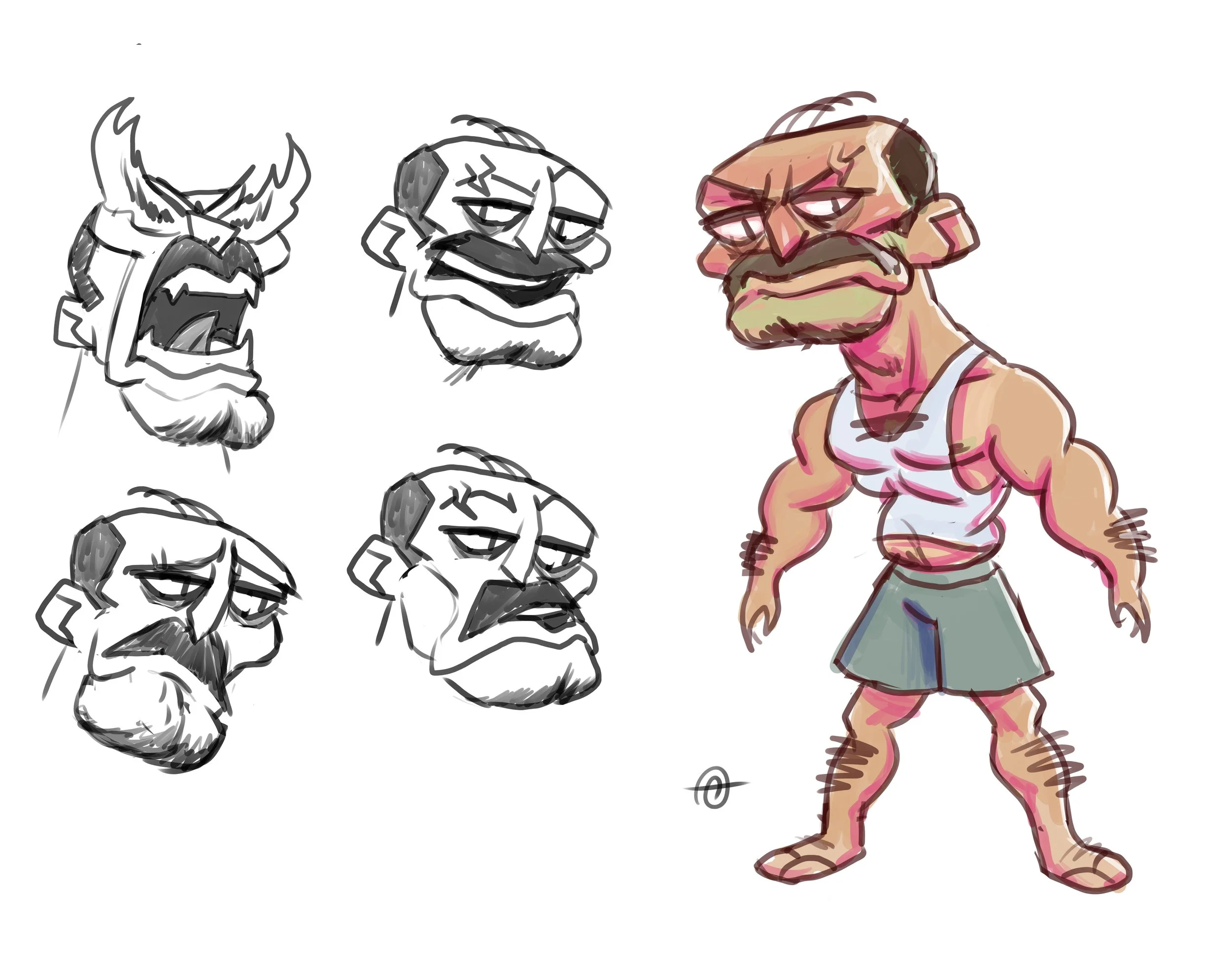 Sketches and colored illustration of a muscular man with sunglasses, a beard, and a tank top, standing with his hands on his hips, alongside rough sketches of other cartoon characters with exaggerated facial expressions and distinct features.