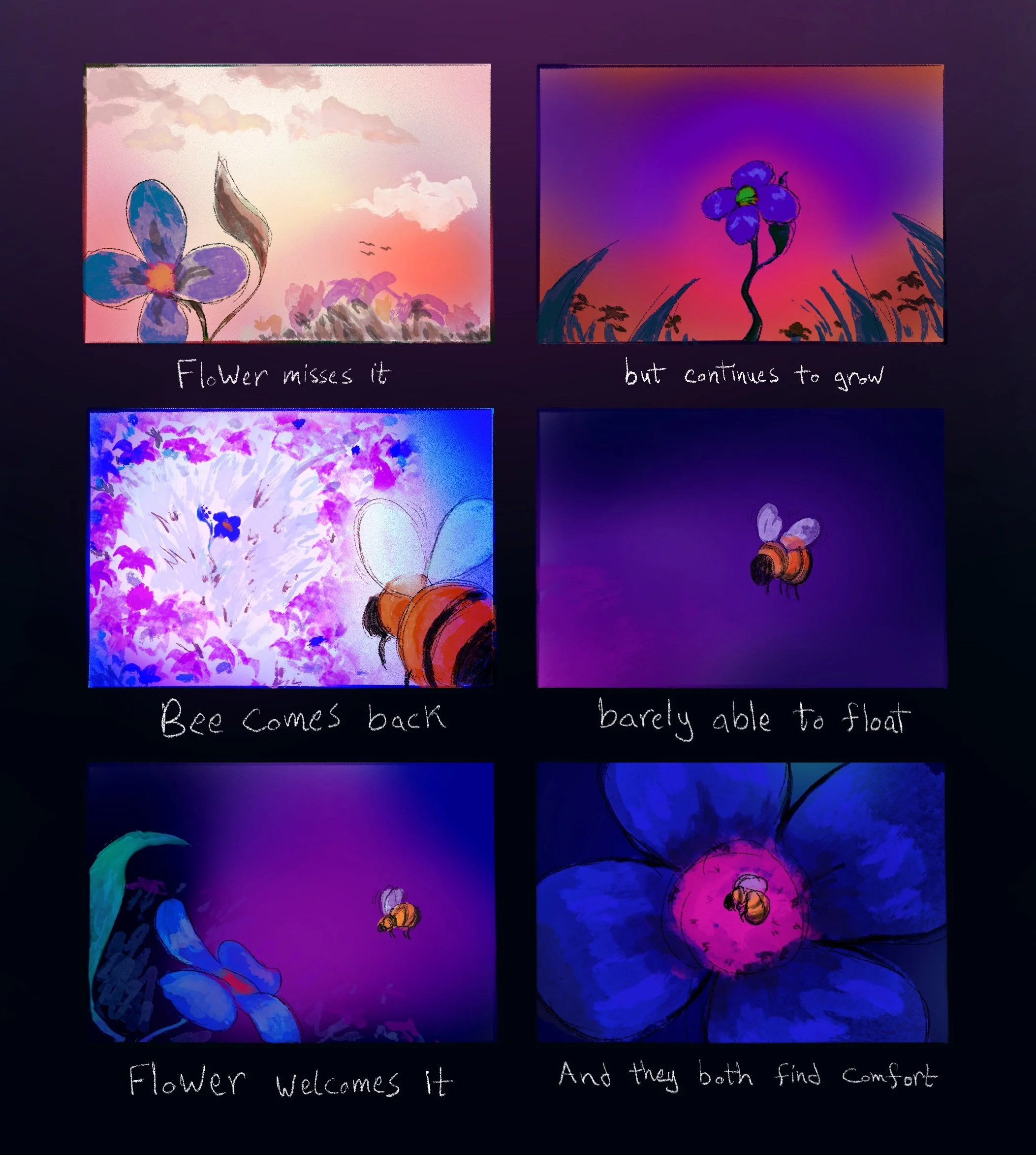 Digital artwork showing two flowers against sunset backgrounds. The left flower is a purple and blue blossom with the caption "Flower misses it," and the right flower is a purple blossom with the caption "but continues to grow," with a bee flying nearby.