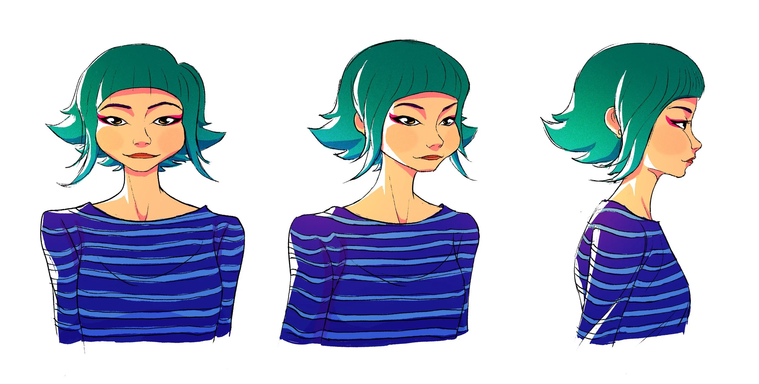 Colorful digital illustration of a young woman with short teal hair, wearing a blue and purple striped shirt, shown from front, three-quarter, and side views.
