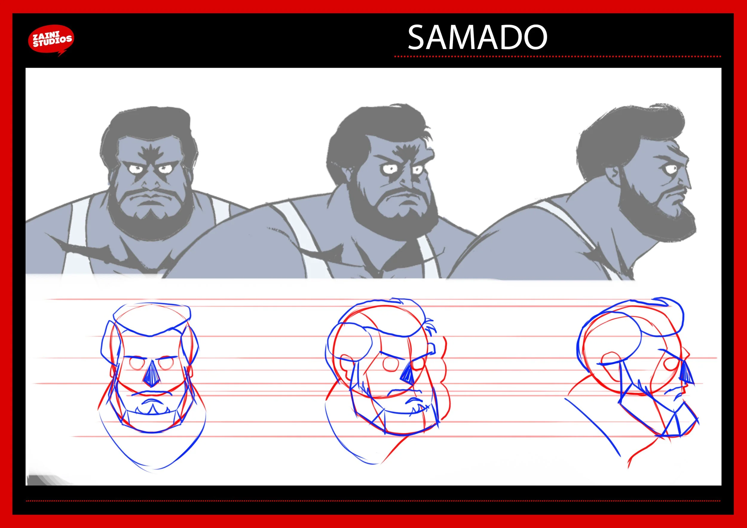 A series of comic-style illustrations of a muscular man character with dark hair and beard, viewed from various angles, alongside rough red and blue sketches of cartoon faces and heads on lined paper.